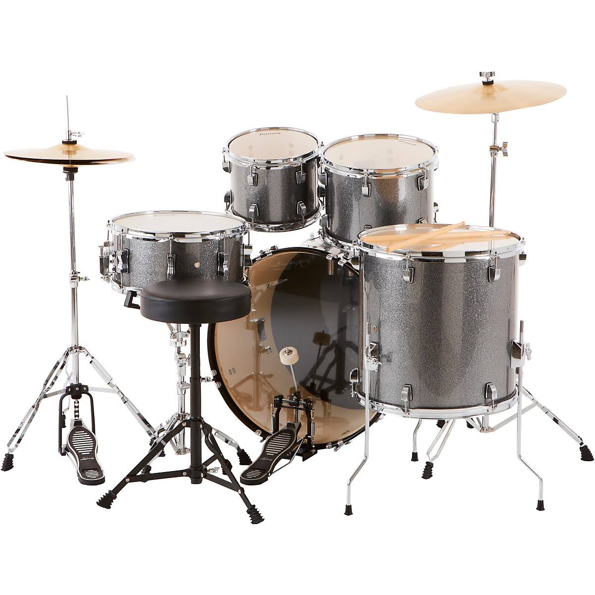 Ludwig Backbeat Complete 5Piece Drum Set with Hardware and Cymbals Metallic Silver Sparkle atttf