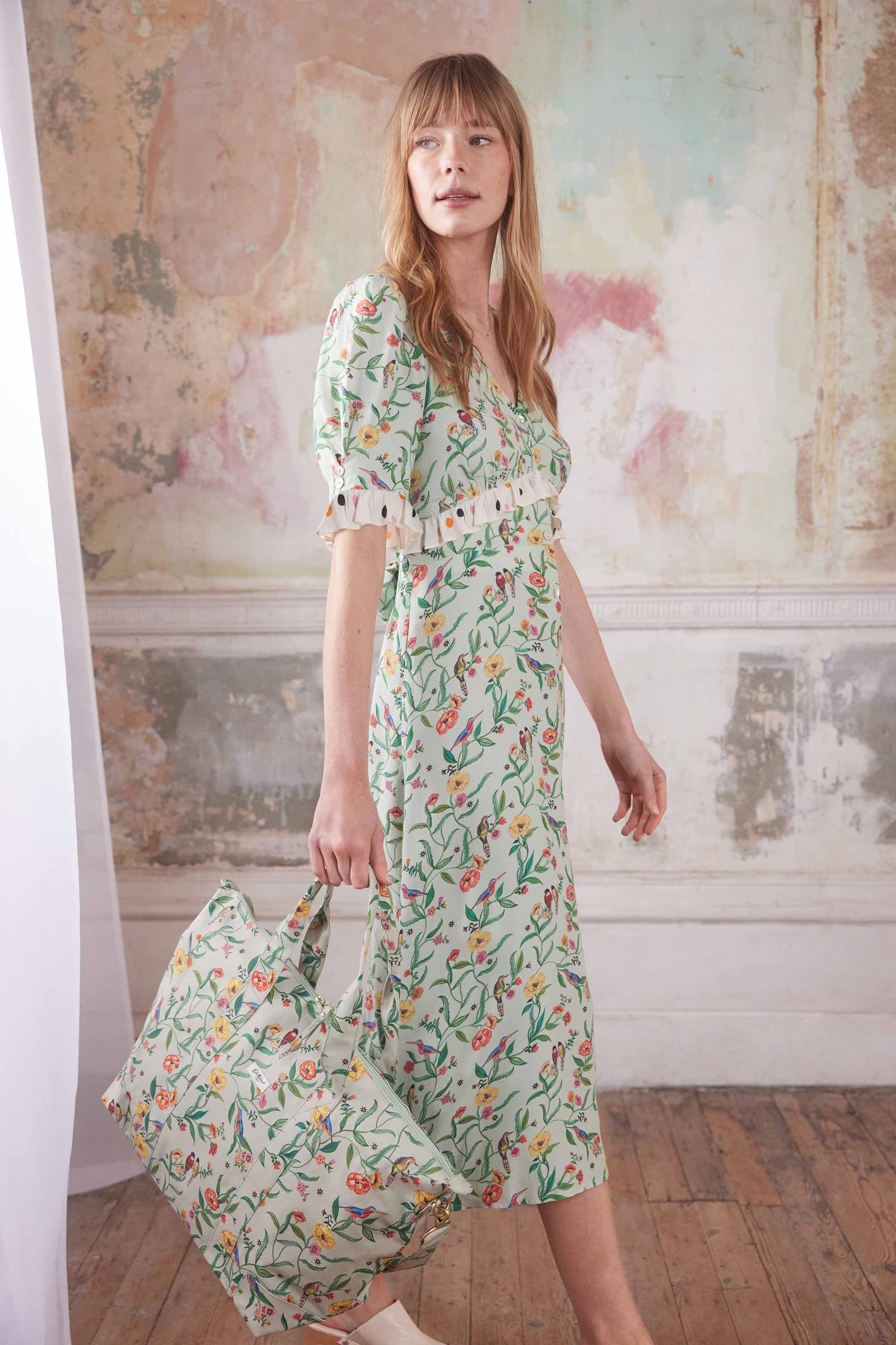 Summer Birds Short Sleeve Ruffle Tea Dress