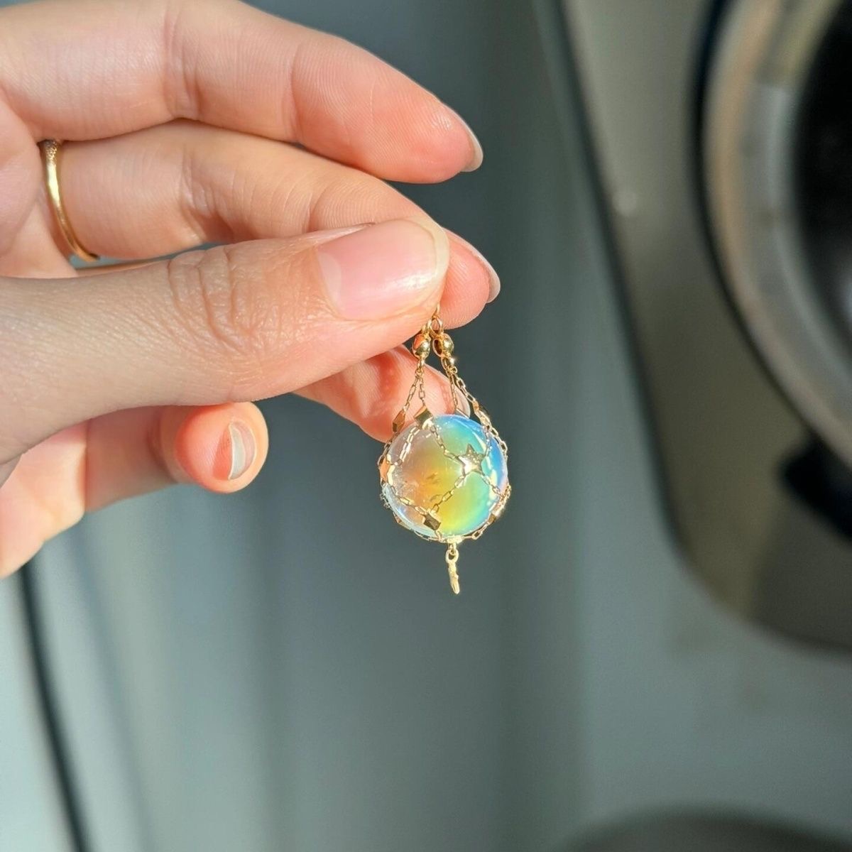 925 Sterling Silver Mesh Pocket Crystal Pendant, Handmade with Oversized Crystal (Pearl) Gemstone