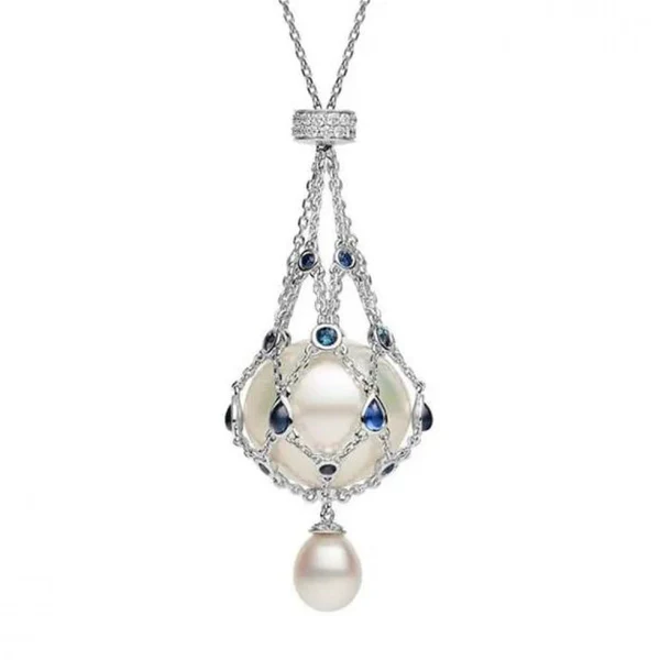 925 Sterling Silver Mesh Pocket Crystal Pendant, Handmade with Oversized Crystal (Pearl) Gemstone