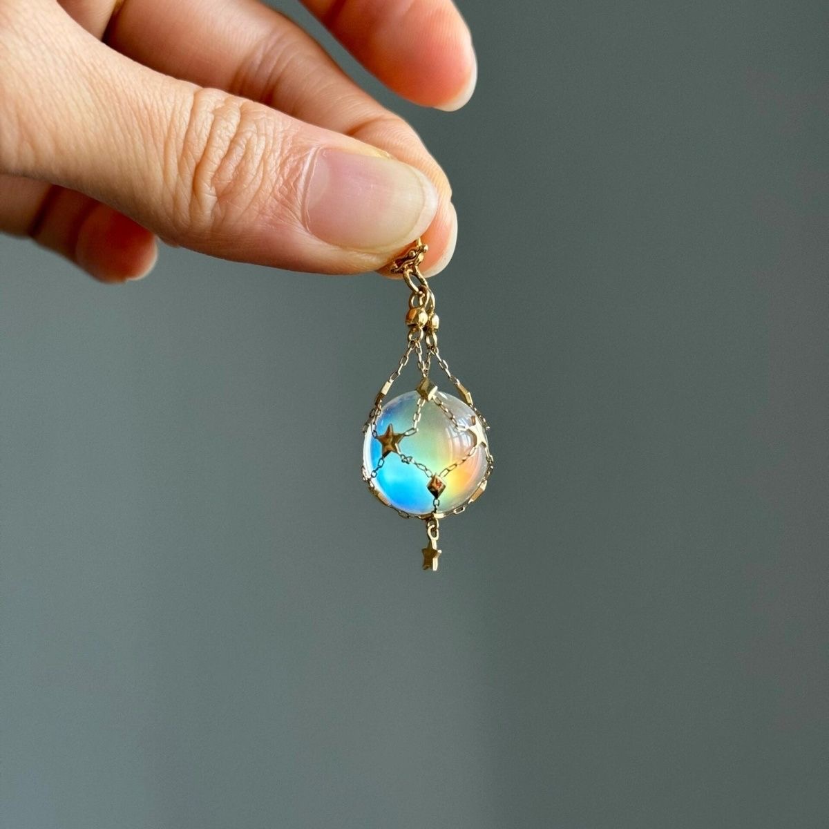 925 Sterling Silver Mesh Pocket Crystal Pendant, Handmade with Oversized Crystal (Pearl) Gemstone