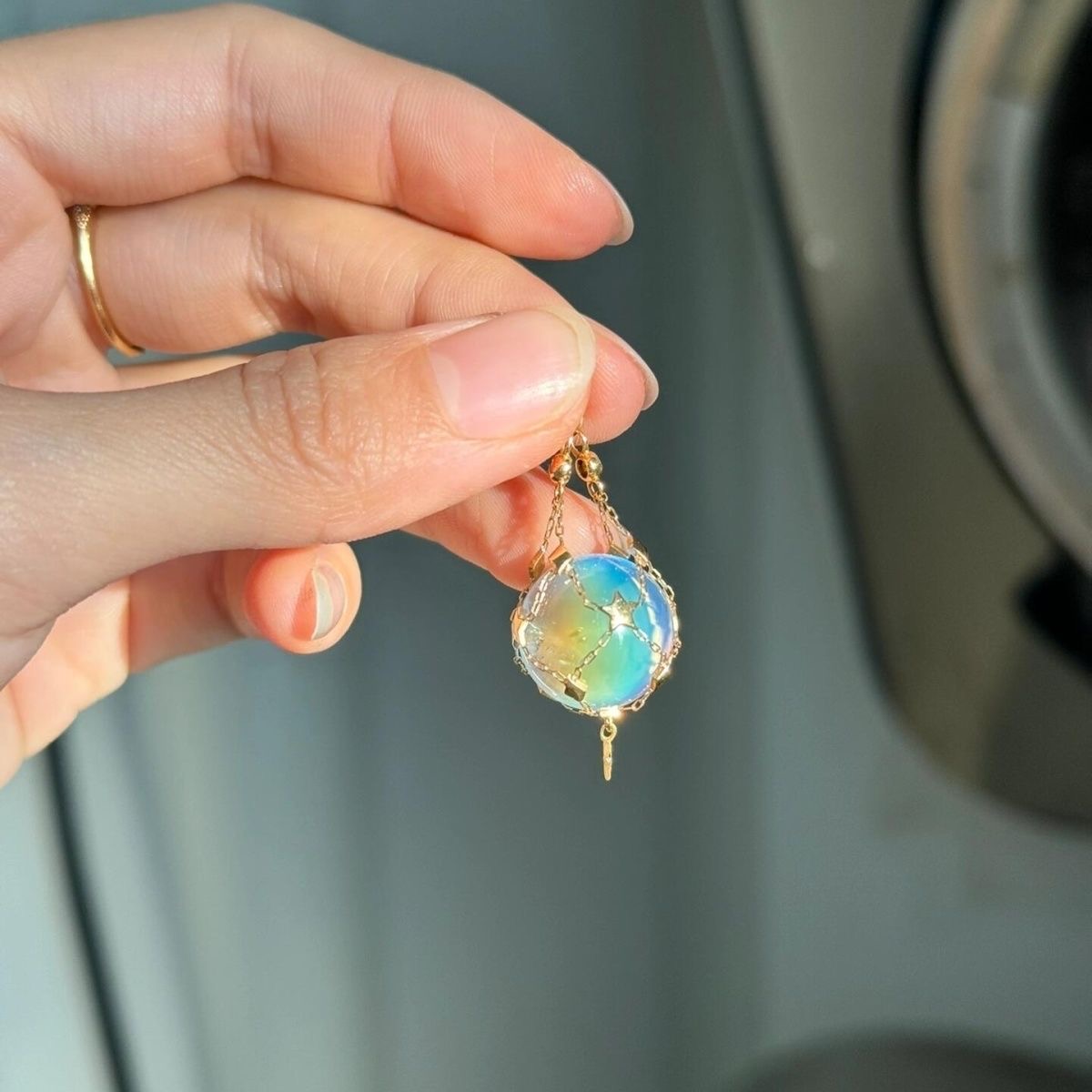 925 Sterling Silver Mesh Pocket Crystal Pendant, Handmade with Oversized Crystal (Pearl) Gemstone