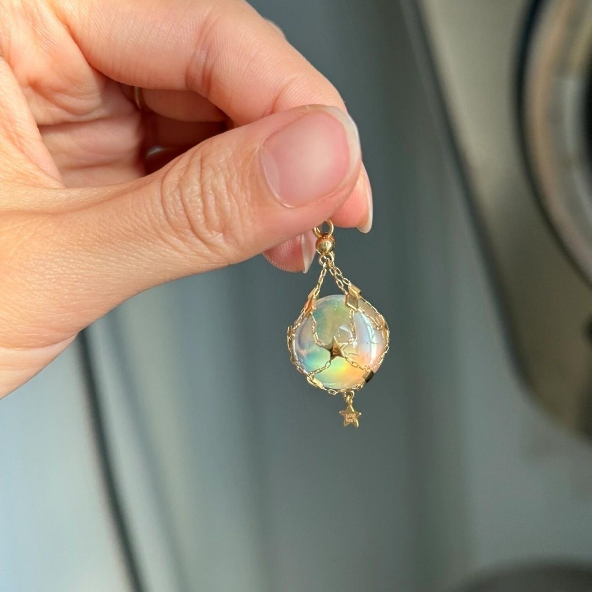 925 Sterling Silver Mesh Pocket Crystal Pendant, Handmade with Oversized Crystal (Pearl) Gemstone