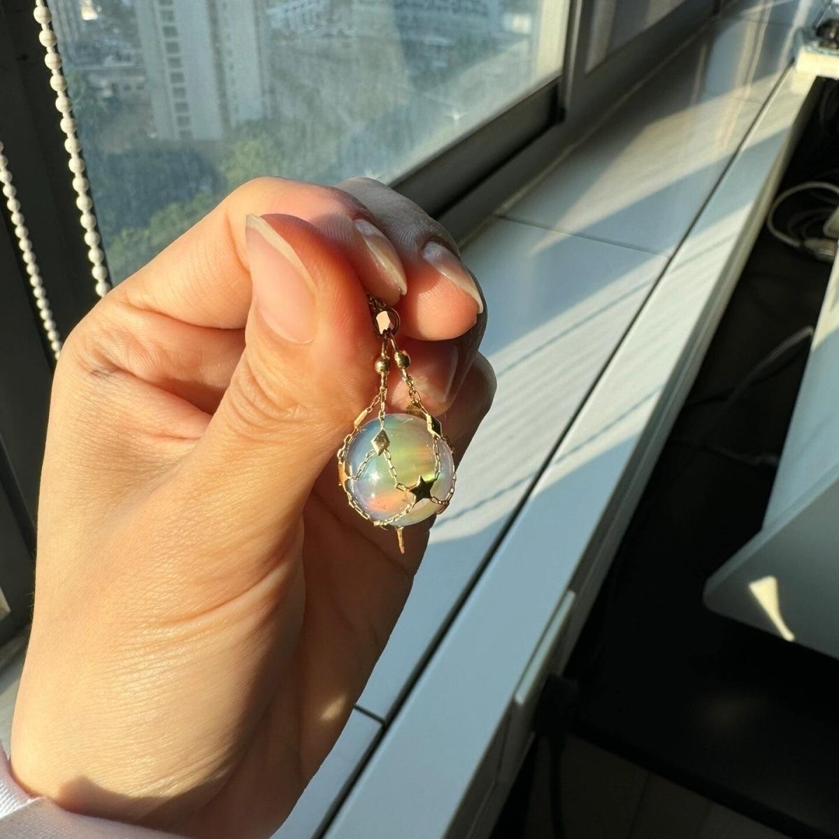 925 Sterling Silver Mesh Pocket Crystal Pendant, Handmade with Oversized Crystal (Pearl) Gemstone