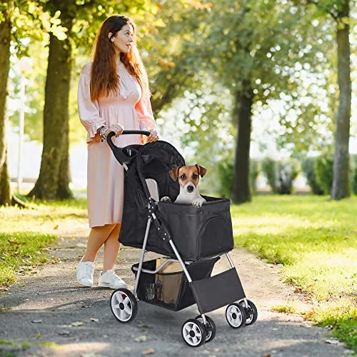 BBBuy 4 Wheels Foldable Pet Dog Cat Jogger Stroller Travel Carrier Strolling Cart w/Waterproof Cover Storage Basket Cup Holder & Removable Liner for Medium Small Cat Dog. Black