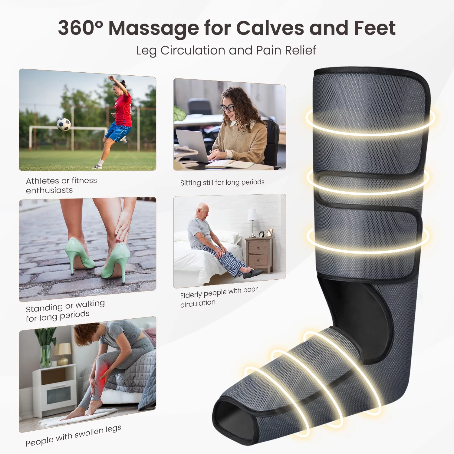 PureHeal Leg Massager for Circulation. Air Compression Foot and Leg Massage with 5 Modes and 5 Intensities. Black