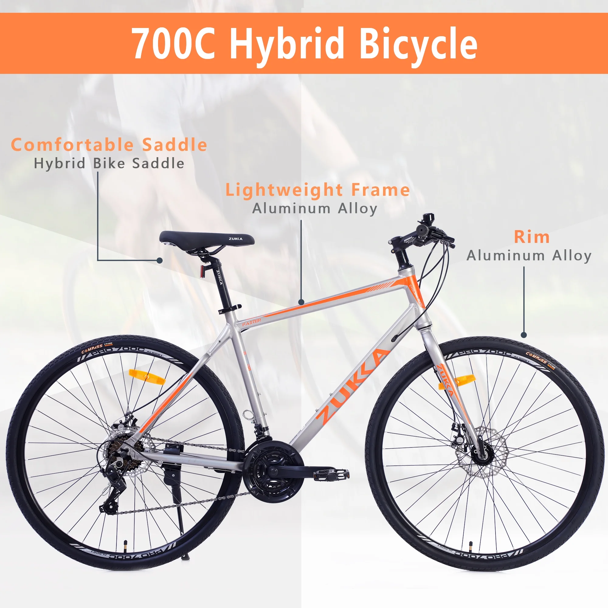 28 inch Hybrid Bike Men. Road Bike with Shimano 21 Speed. 700C Wheels. Comfort Adult Bicycle with Dual Disc Brake. 21'' Lightweight Aluminium Frame. Suggested Rider 5'6 to 6'2 Tall- Silver+Orange