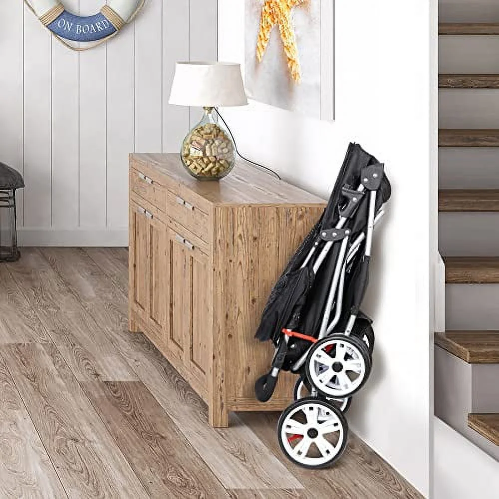 BBBuy 4 Wheels Foldable Pet Dog Cat Jogger Stroller Travel Carrier Strolling Cart w/Waterproof Cover Storage Basket Cup Holder & Removable Liner for Medium Small Cat Dog. Black