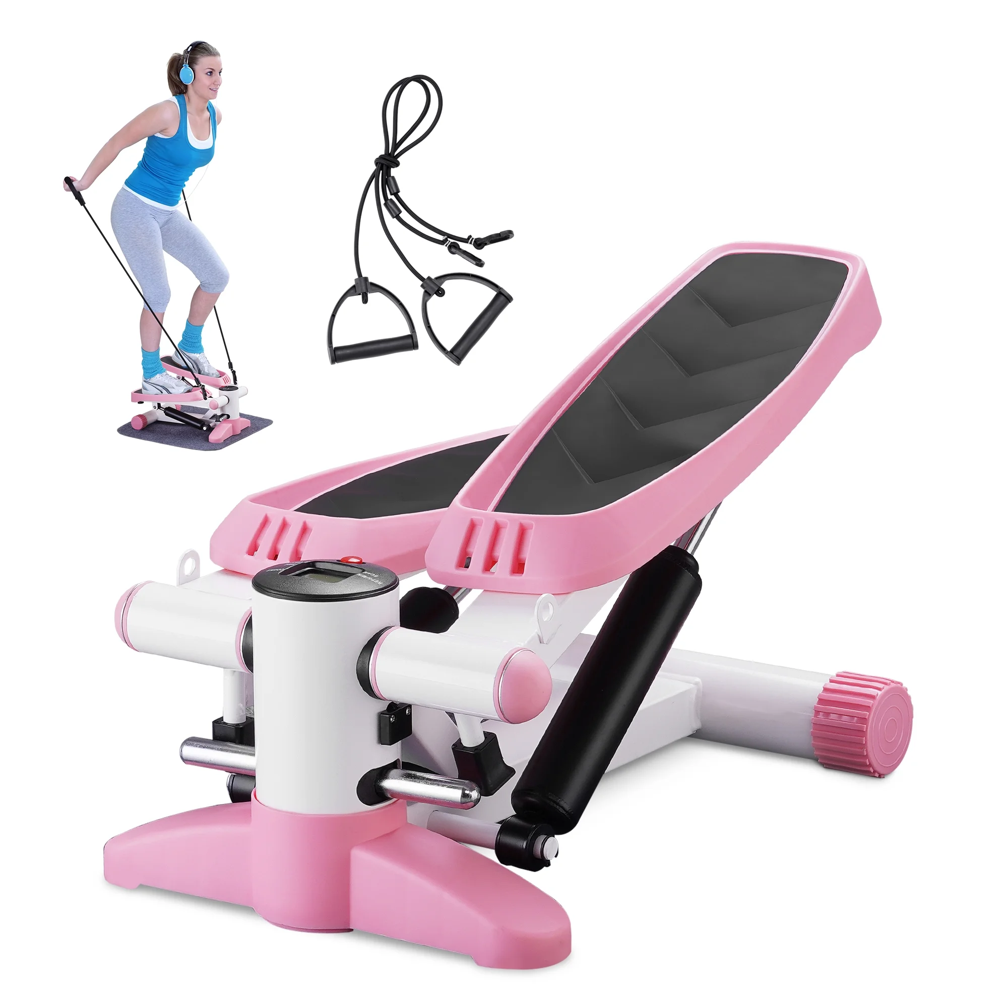 Wesfital Steppers for Exercise + Free Non-slip Mat. Mini Stair Stepper with Resistance Bands(Pink)