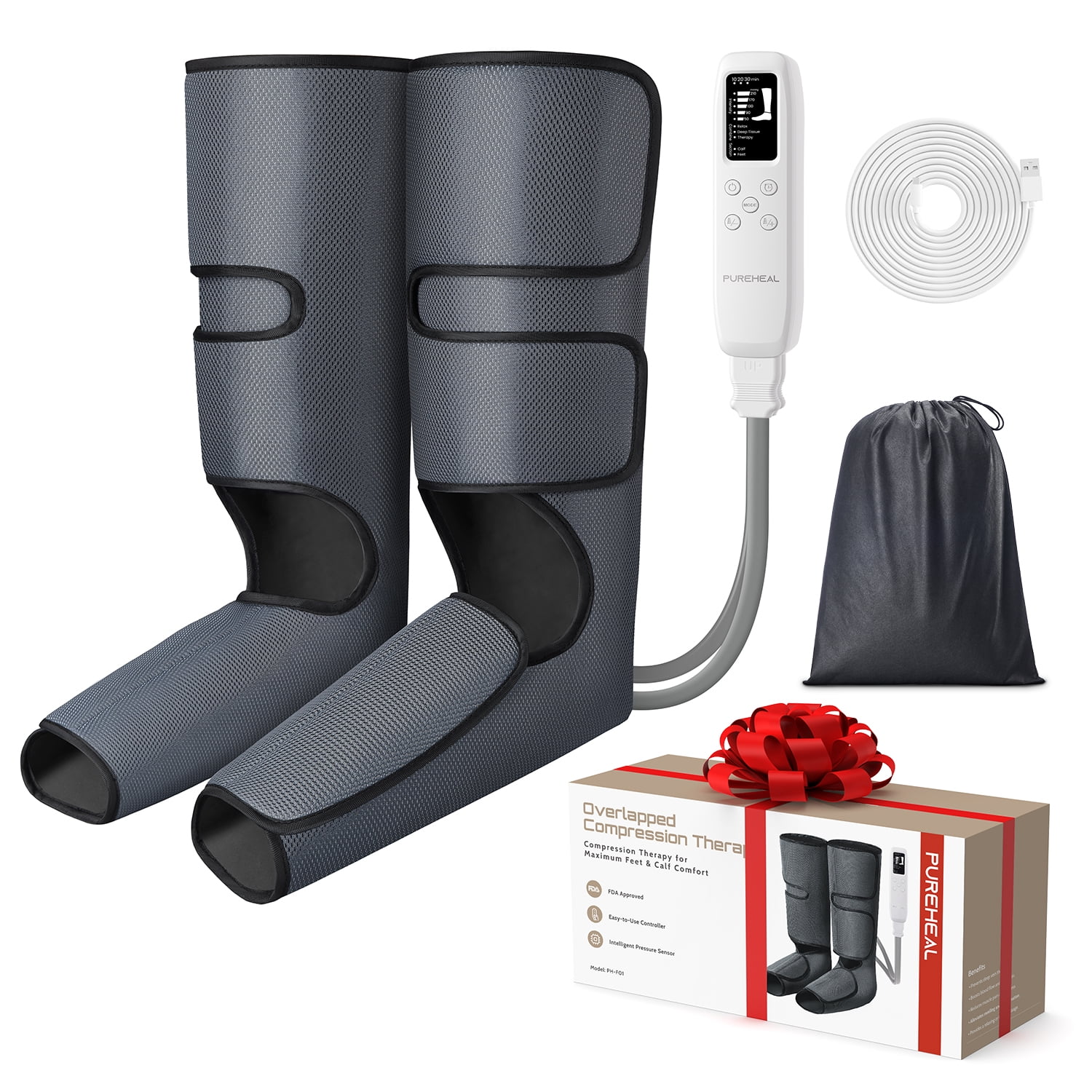 PureHeal Leg Massager for Circulation. Air Compression Foot and Leg Massage with 5 Modes and 5 Intensities. Black