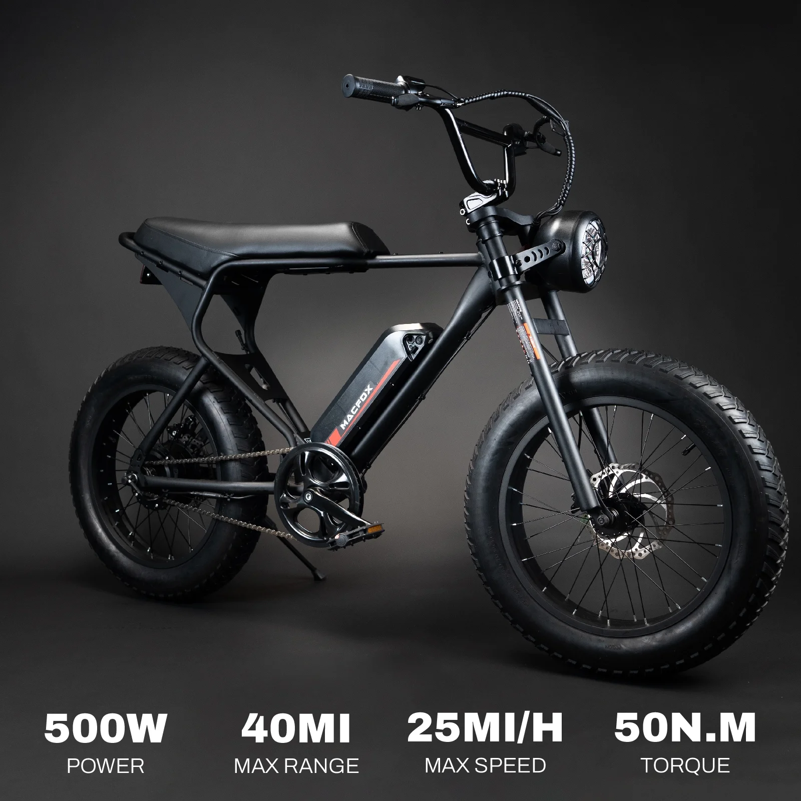 MACFOX Electric Bike. Ebike 500W/48V/10.4Ah. 20 Fat Tire Electric Bicycles Up to 20MPH & 40 Miles with Retro Motorcycle Design. Removable Battery. 50N.m Max Torque