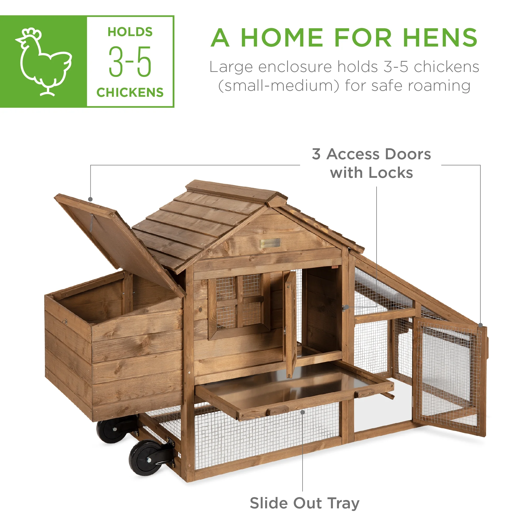 Best Choice Products 70in Mobile Fir Wood Chicken Coop Tractor Hen House w/ Wheels. 2 Doors. Nest Box. Removable Tray