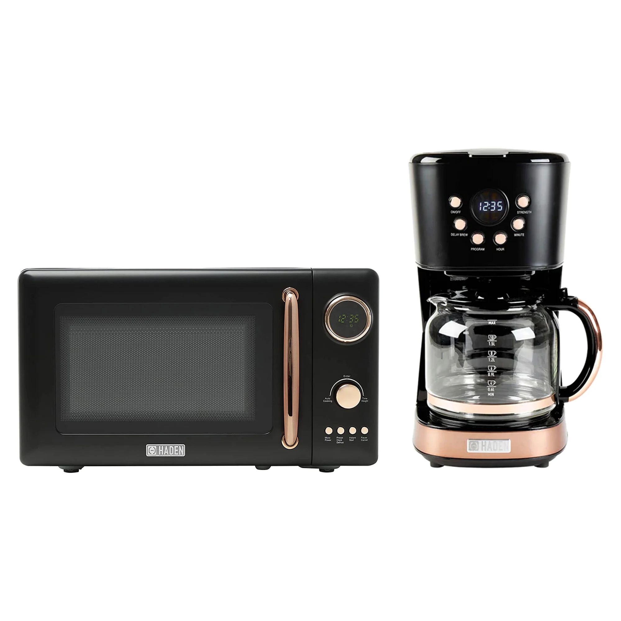 Haden 700W Microwave Oven and 12 Cup Coffee Maker Machine Set. Black/Copper