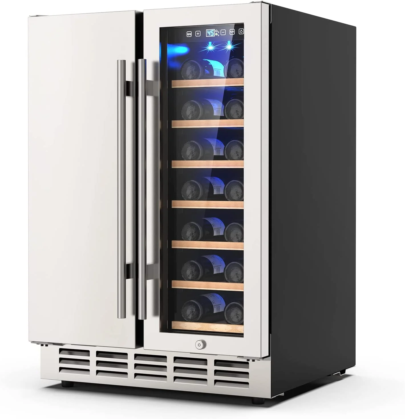 Ecojoy Wine and Beverage Refrigerator. 24 Inch Dual Zone Wine Fridge. Under Counter Wine Cooler Fridge Built-In or Freestanding. Holds 20 Bottles and 57 Cans