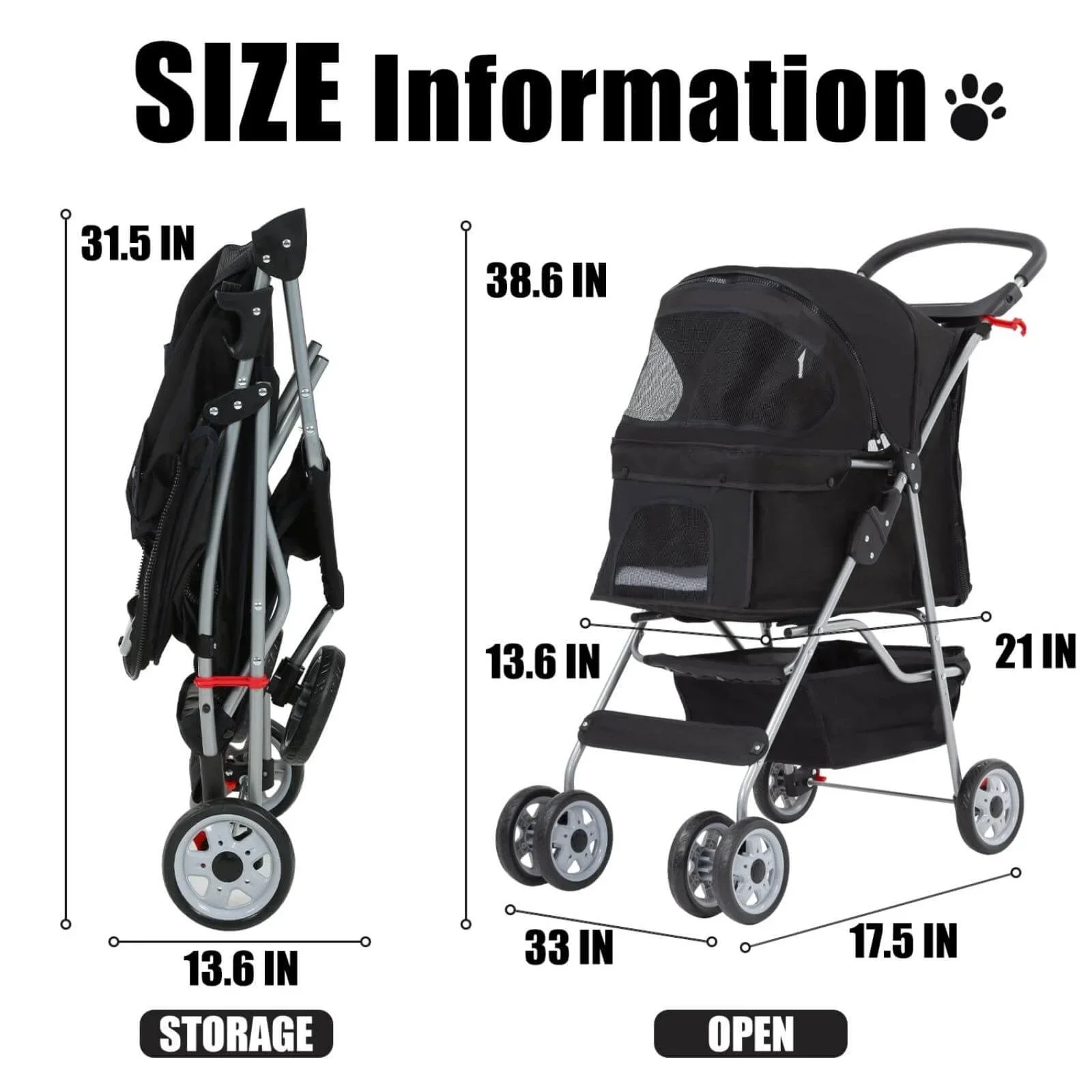 Foldable Dog Stroller Cat Stroller with Storage Basket & Removable Liner. 4 Wheels Pet Stroller .Foldable Carrier Strolling Cart for Dogs Cats. Black