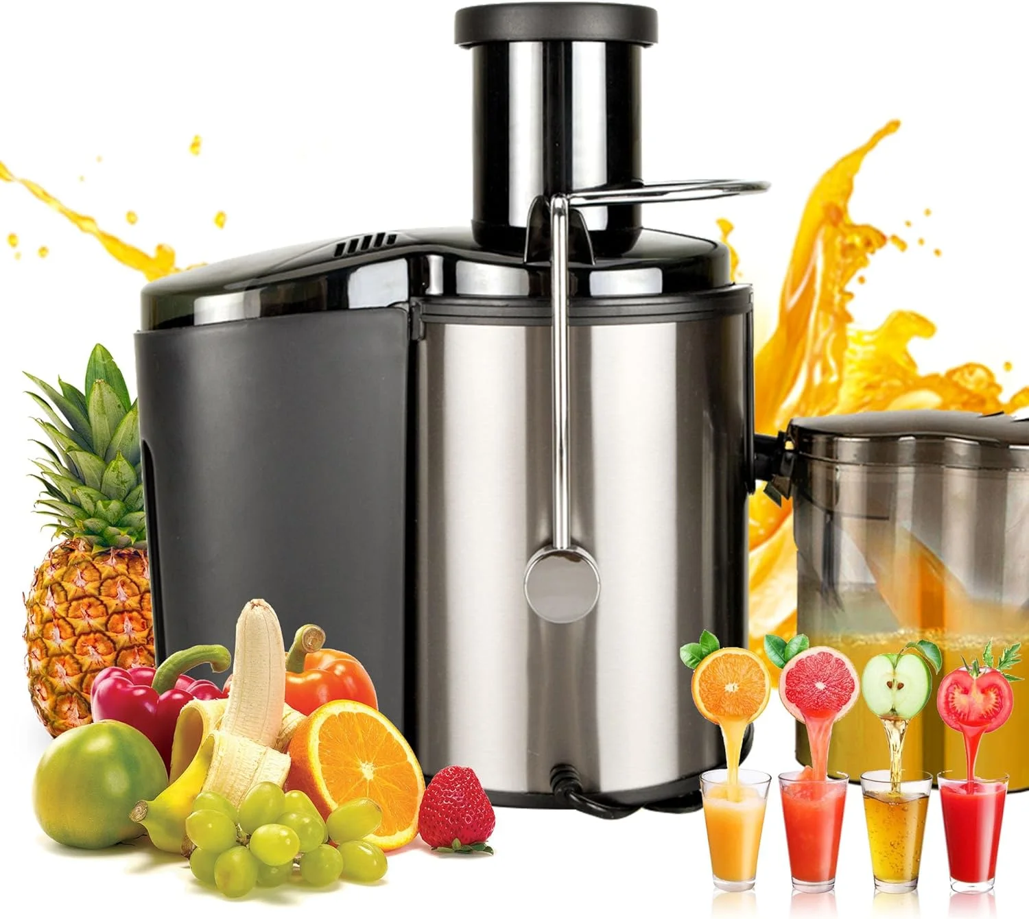 Machine. Juicer Juicer Multi-function Electric. 800W High Yield Juice Extractor with 3 Speeds. for Whole Vegetable and Fruit. Stainless Steel. Easy to Clean