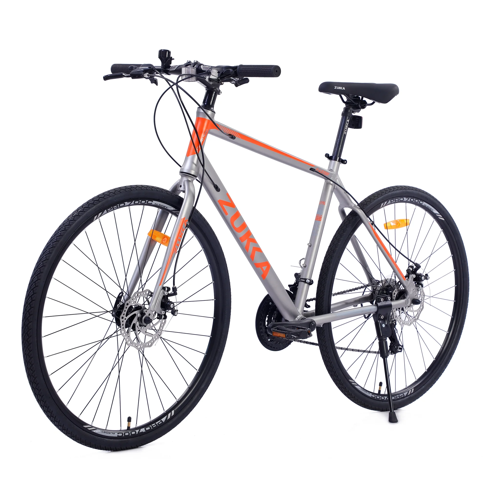 28 inch Hybrid Bike Men. Road Bike with Shimano 21 Speed. 700C Wheels. Comfort Adult Bicycle with Dual Disc Brake. 21'' Lightweight Aluminium Frame. Suggested Rider 5'6 to 6'2 Tall- Silver+Orange