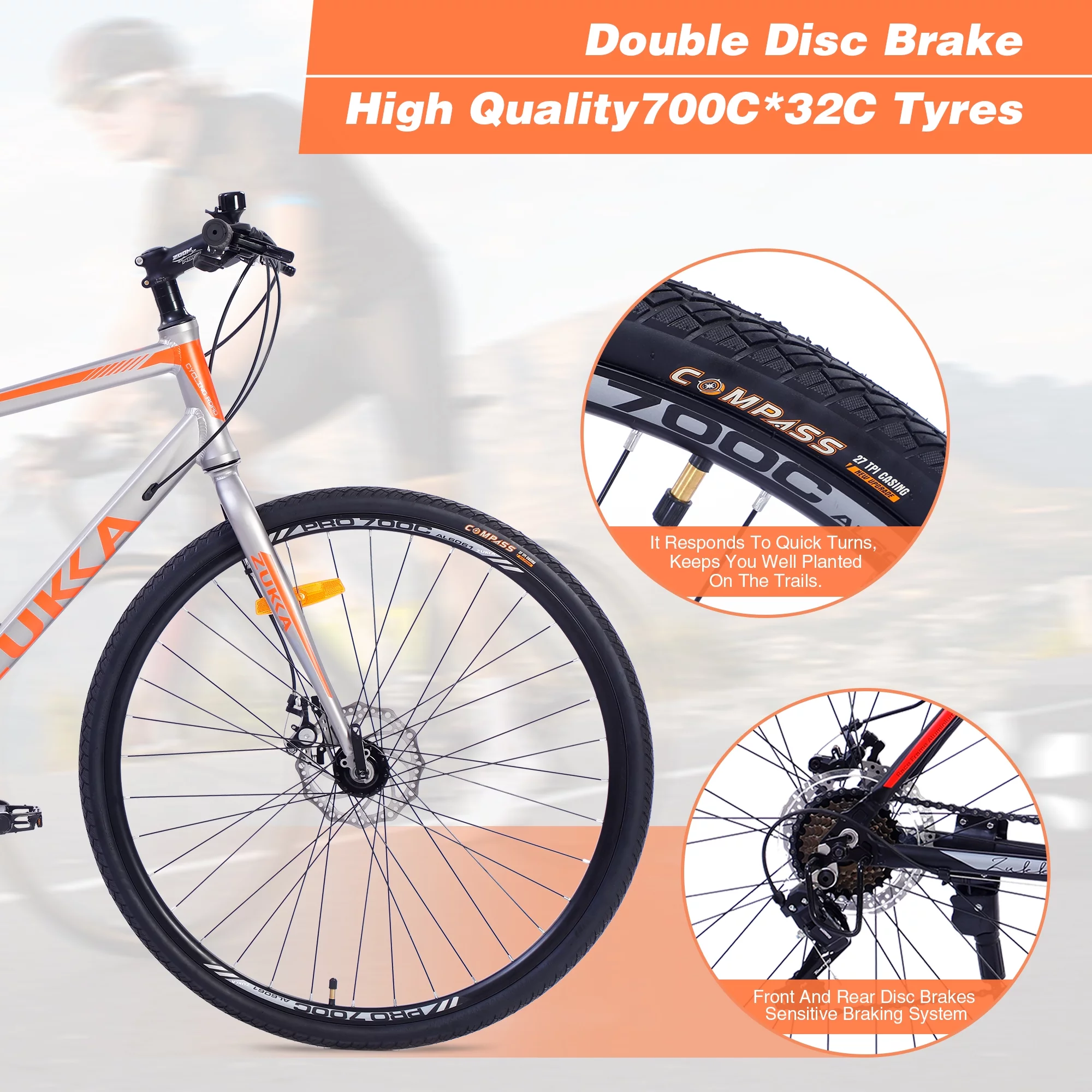 28 inch Hybrid Bike Men. Road Bike with Shimano 21 Speed. 700C Wheels. Comfort Adult Bicycle with Dual Disc Brake. 21'' Lightweight Aluminium Frame. Suggested Rider 5'6 to 6'2 Tall- Silver+Orange