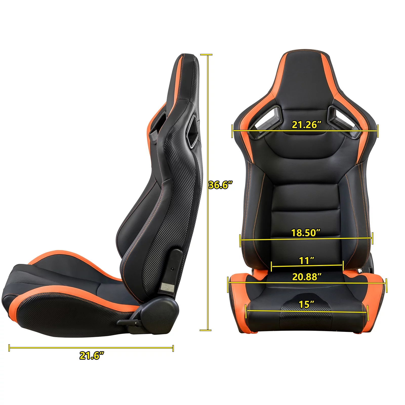 Racing Seats. 2PCS Universal PVC Leather Racing Seats with Dual Lock Sliders. Reclining Design & Front-Back Adjustable Seats (Black&Orange)