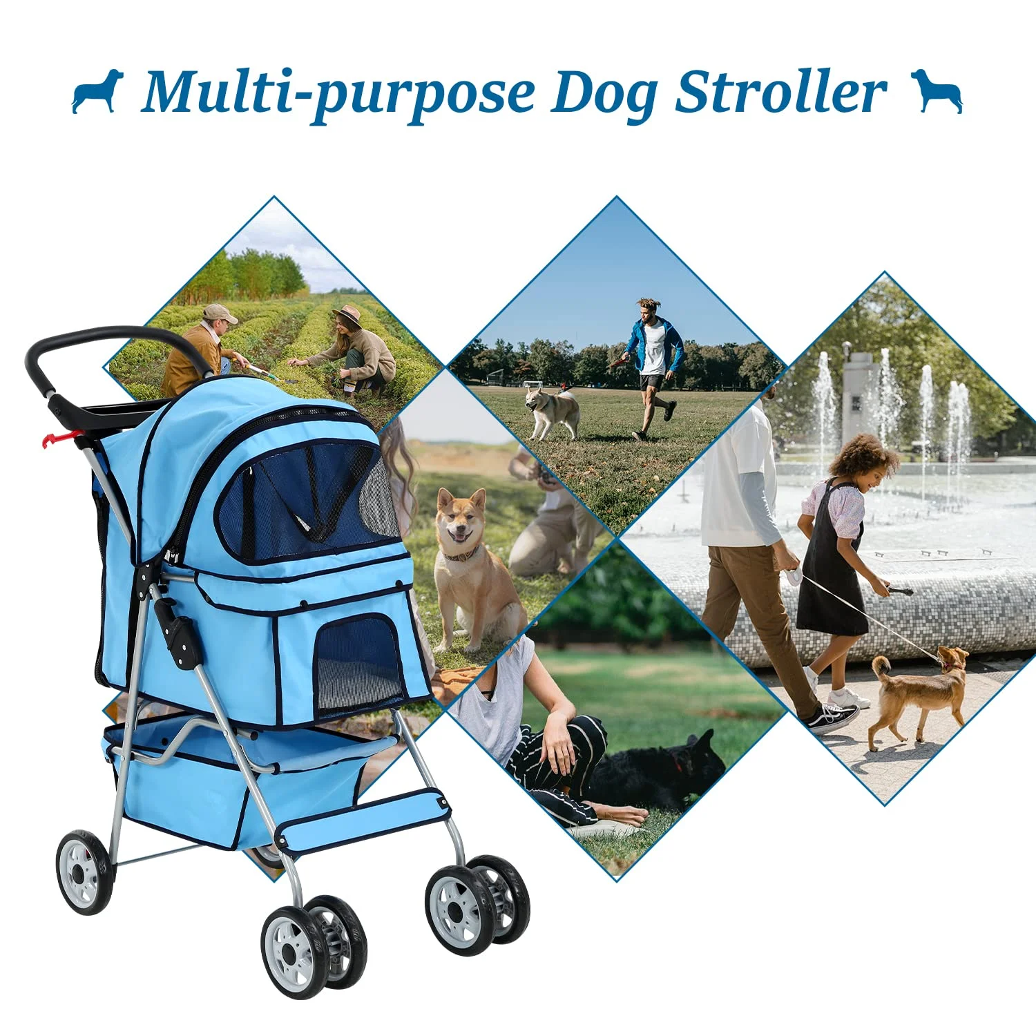 Dkelincs 4 Wheels Pet Stroller Folding Dog Cat Stroller Travel Carrier with Cup Holder & Storage Basket. Blue