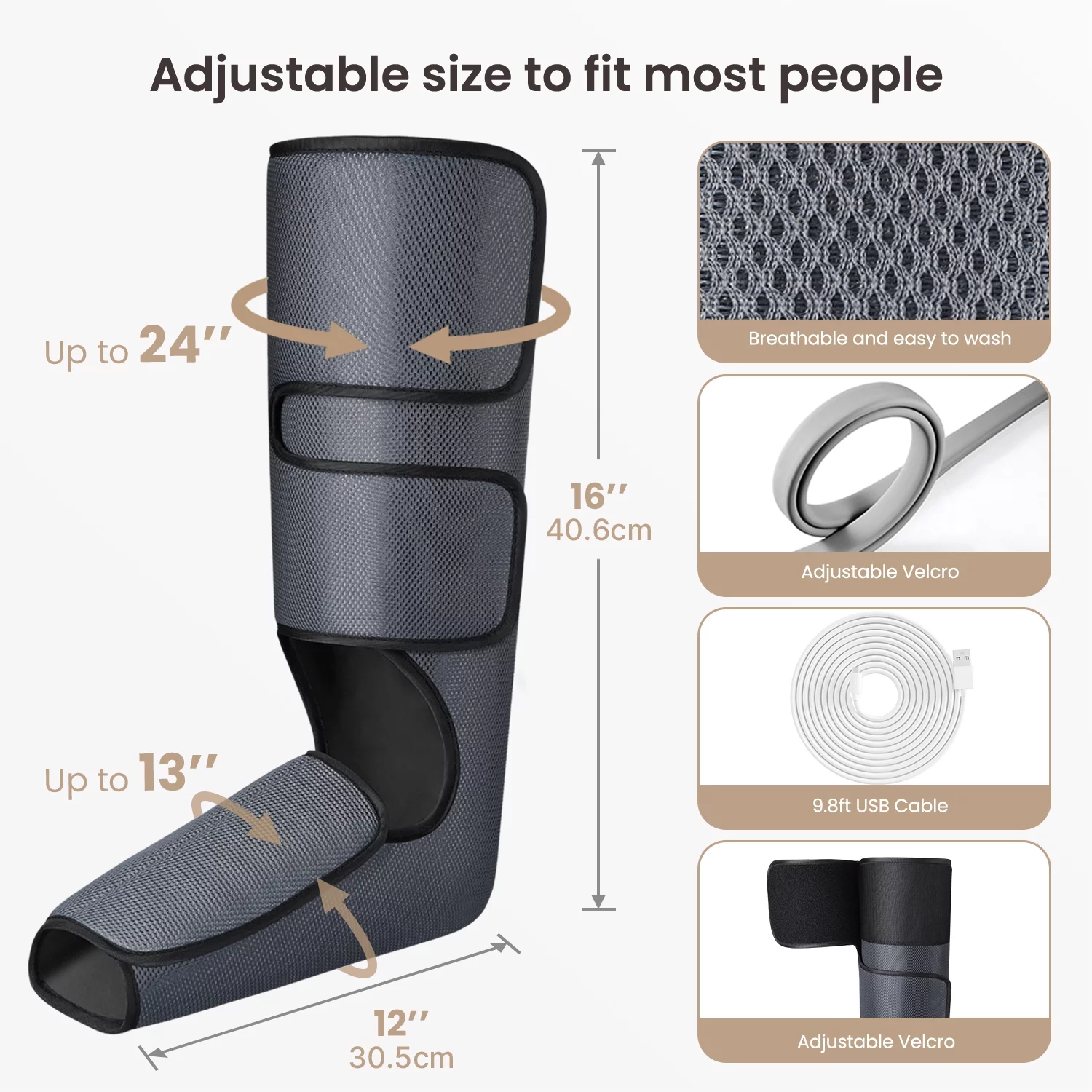 PureHeal Leg Massager for Circulation. Air Compression Foot and Leg Massage with 5 Modes and 5 Intensities. Black