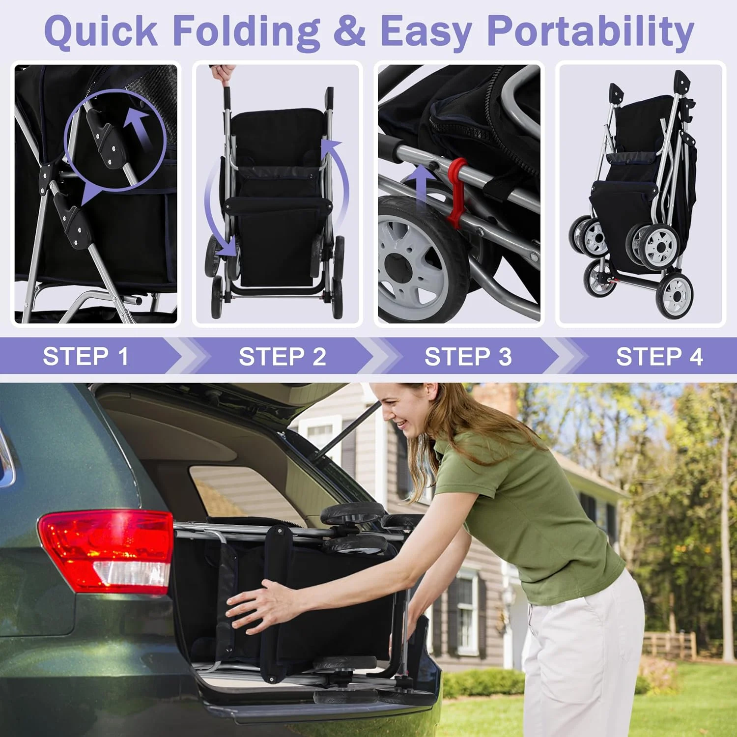 Dog Stroller Folding Pet Stroller 4 Wheels Cat Stroller Foldable Stroller Waterproof Travel Carrier Strolling Cart for Puppy Jogger Stroller W/Cup Holder & Storage Basket. Black