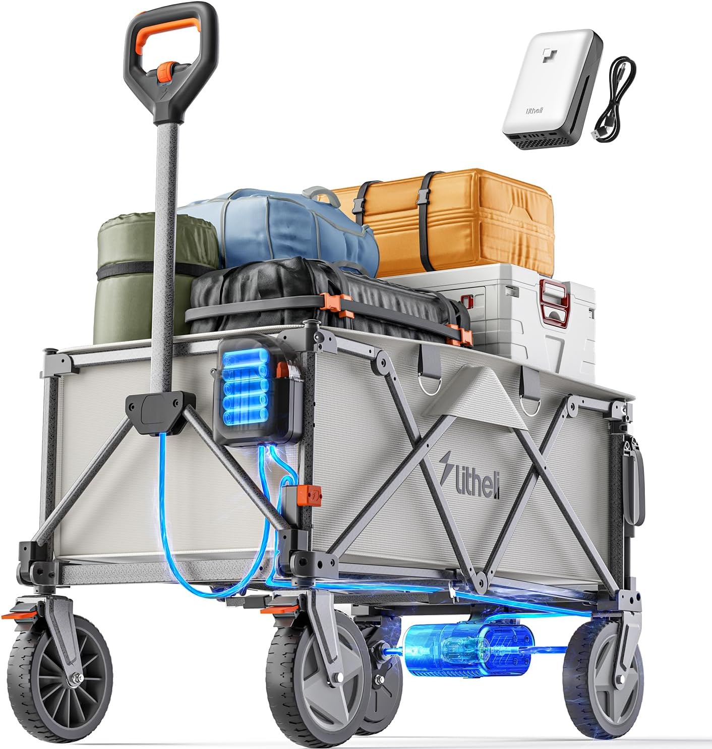 Electric Utility Wagon with 8 All-Terrain Wheel. Pure Electric Drive Collapsible Wagon for Camping. Garden. Shopping. Grey with Egg Roll Folding Table