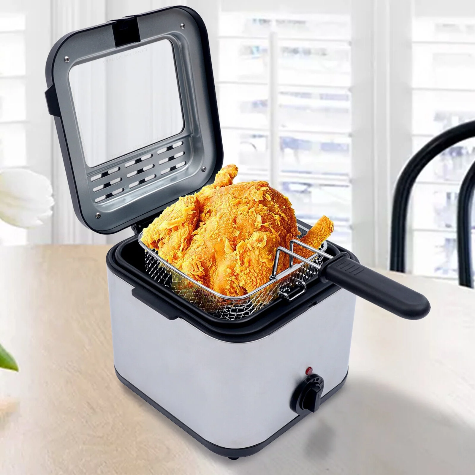 1000W 2.5L Deep Fryer With Basket Small Fryer w/ View Window. Oil Dripping Hook