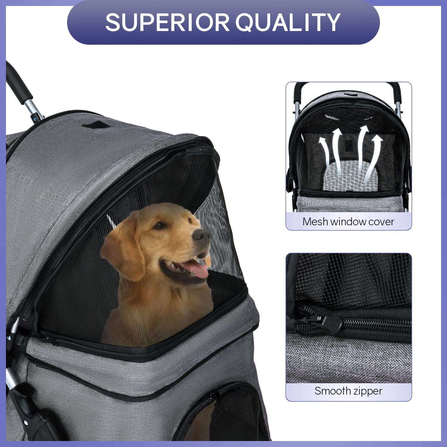 Dkelincs Pet Stroller 4 Wheels Foldable Dog Cat Stroller Travel Carrier with Storage Basket & Cup Holder. Grey
