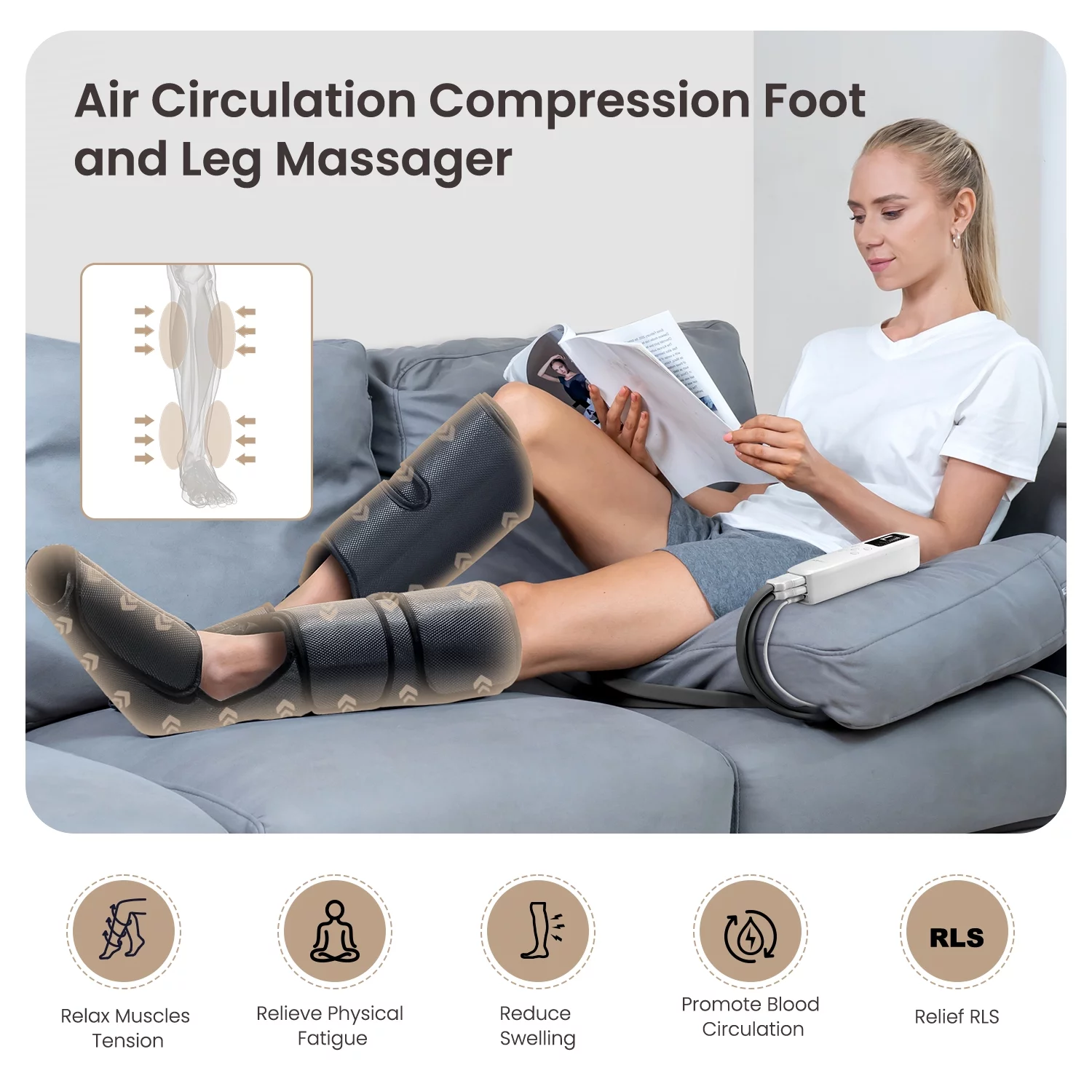 PureHeal Leg Massager for Circulation. Air Compression Foot and Leg Massage with 5 Modes and 5 Intensities. Black