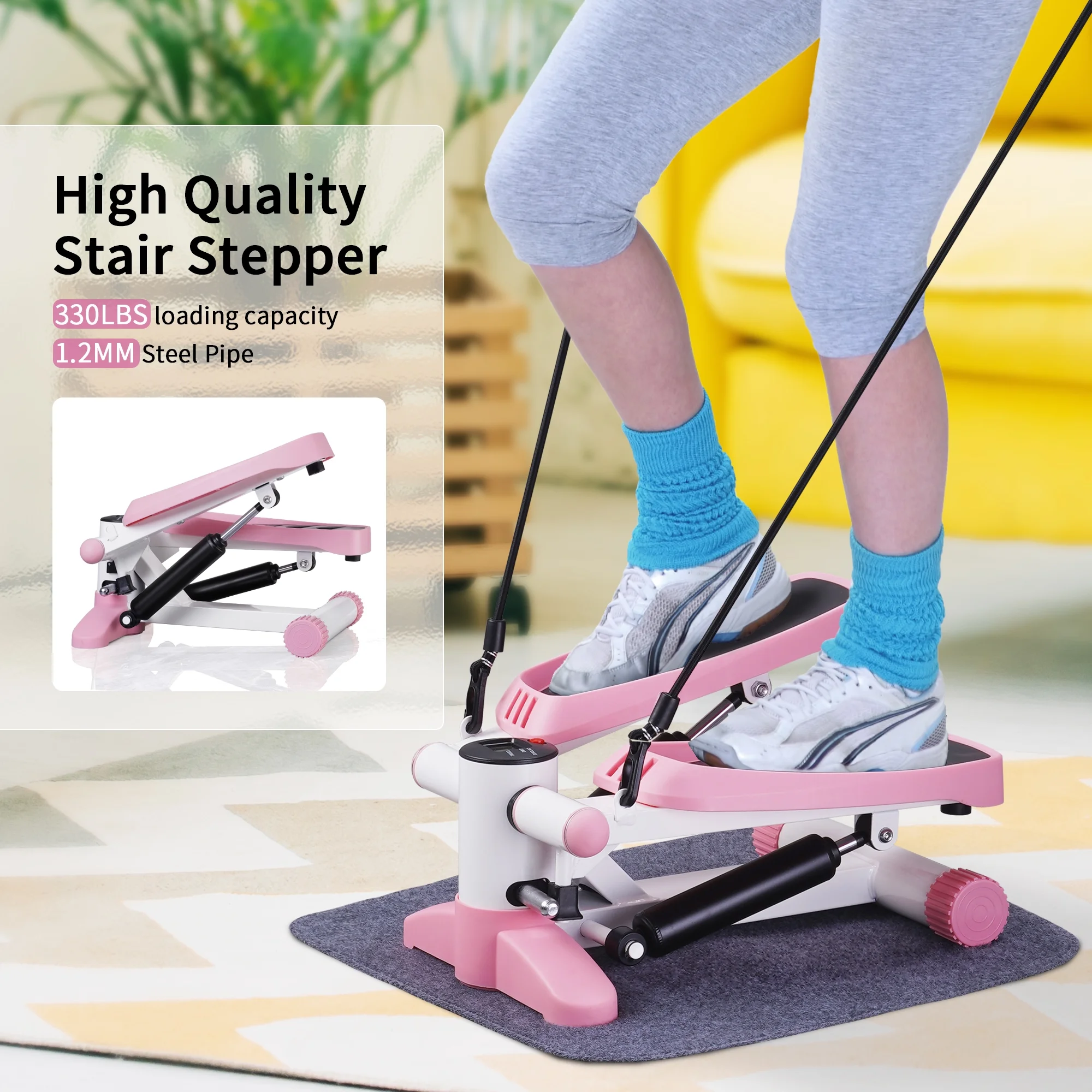 Wesfital Steppers for Exercise + Free Non-slip Mat. Mini Stair Stepper with Resistance Bands(Pink)