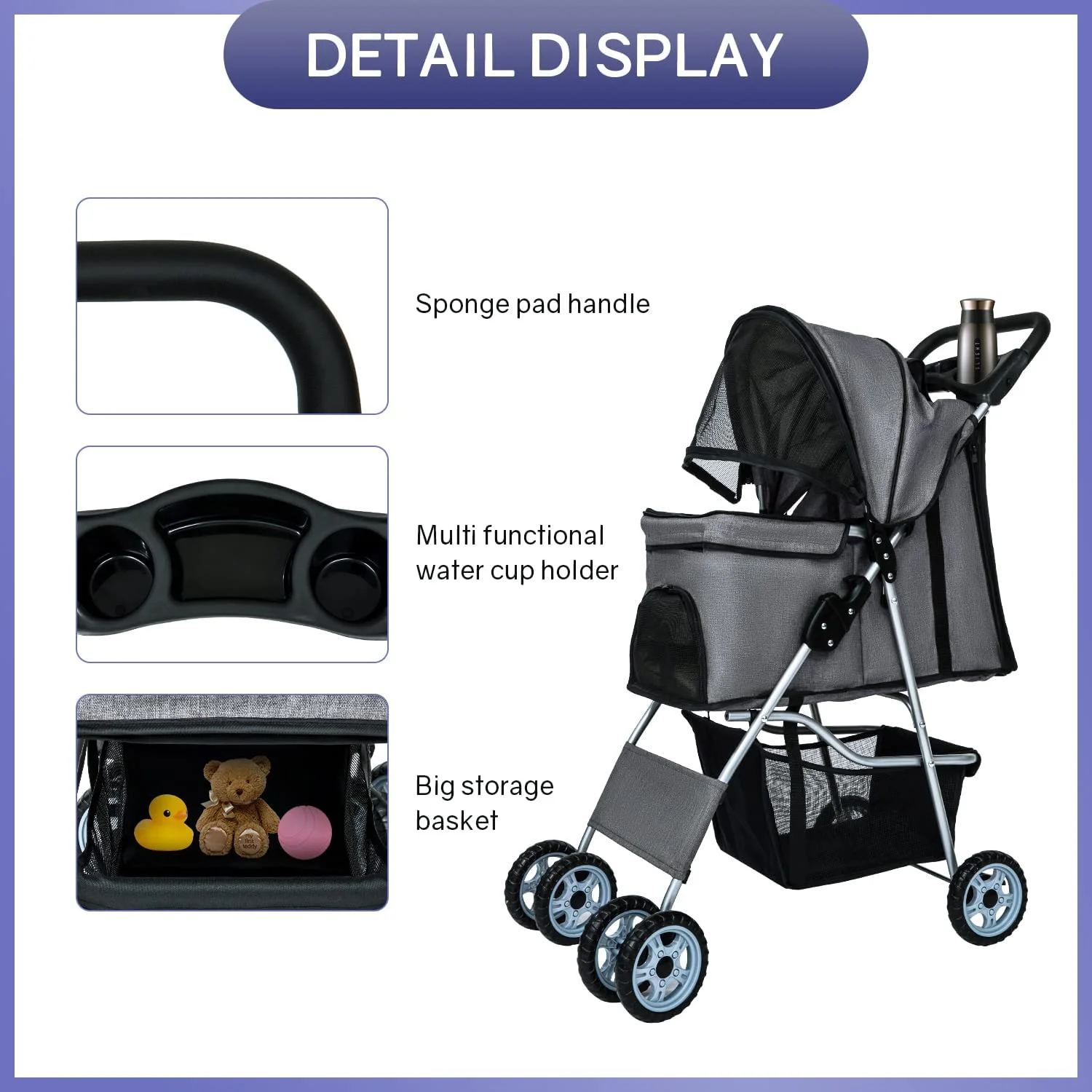Dkelincs Pet Stroller 4 Wheels Foldable Dog Cat Stroller Travel Carrier with Storage Basket & Cup Holder. Grey