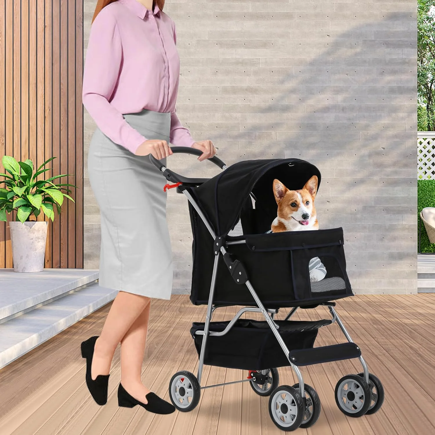 Dog Stroller Folding Pet Stroller 4 Wheels Cat Stroller Foldable Stroller Waterproof Travel Carrier Strolling Cart for Puppy Jogger Stroller W/Cup Holder & Storage Basket. Black