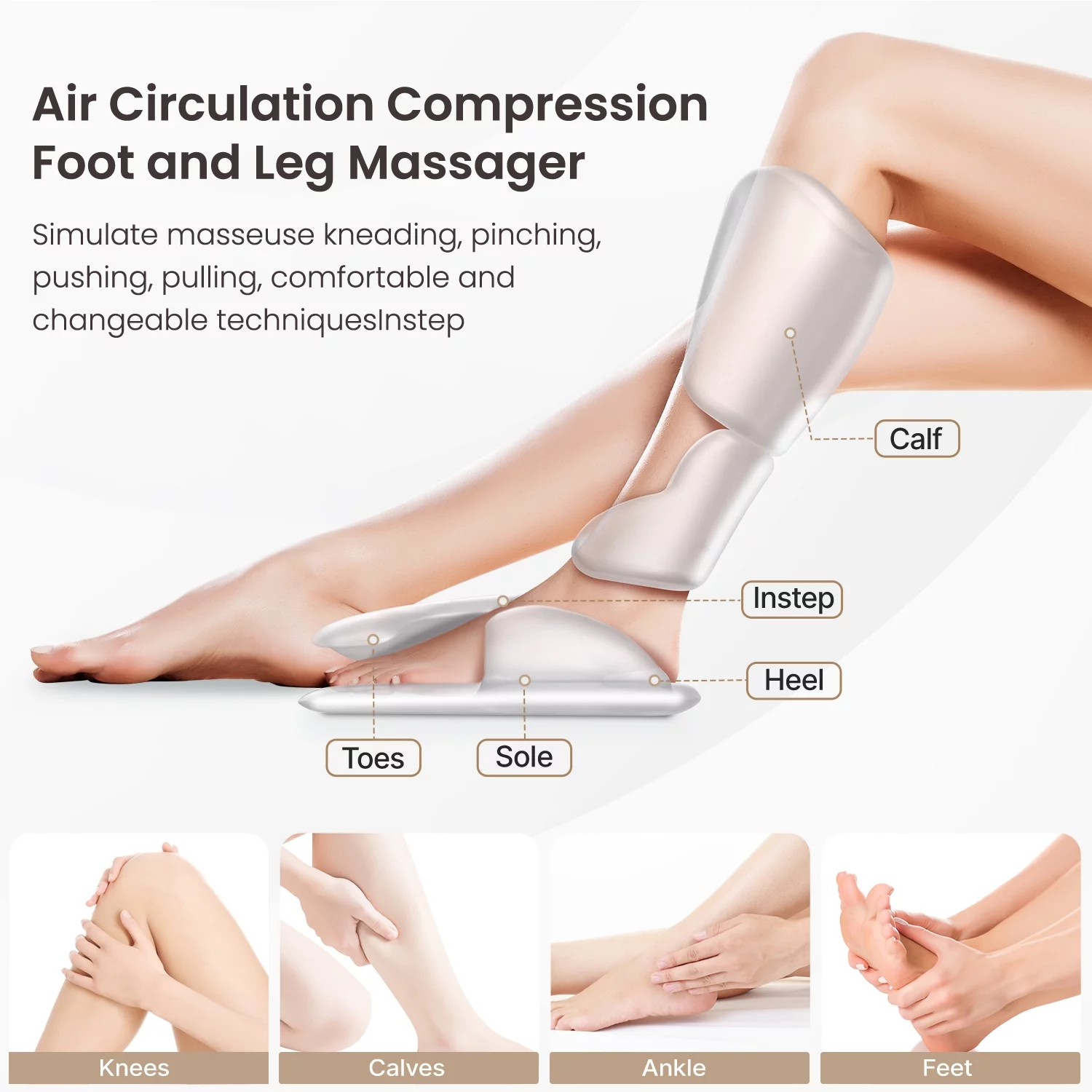 PureHeal Leg Massager for Circulation. Air Compression Foot and Leg Massage with 5 Modes and 5 Intensities. Black