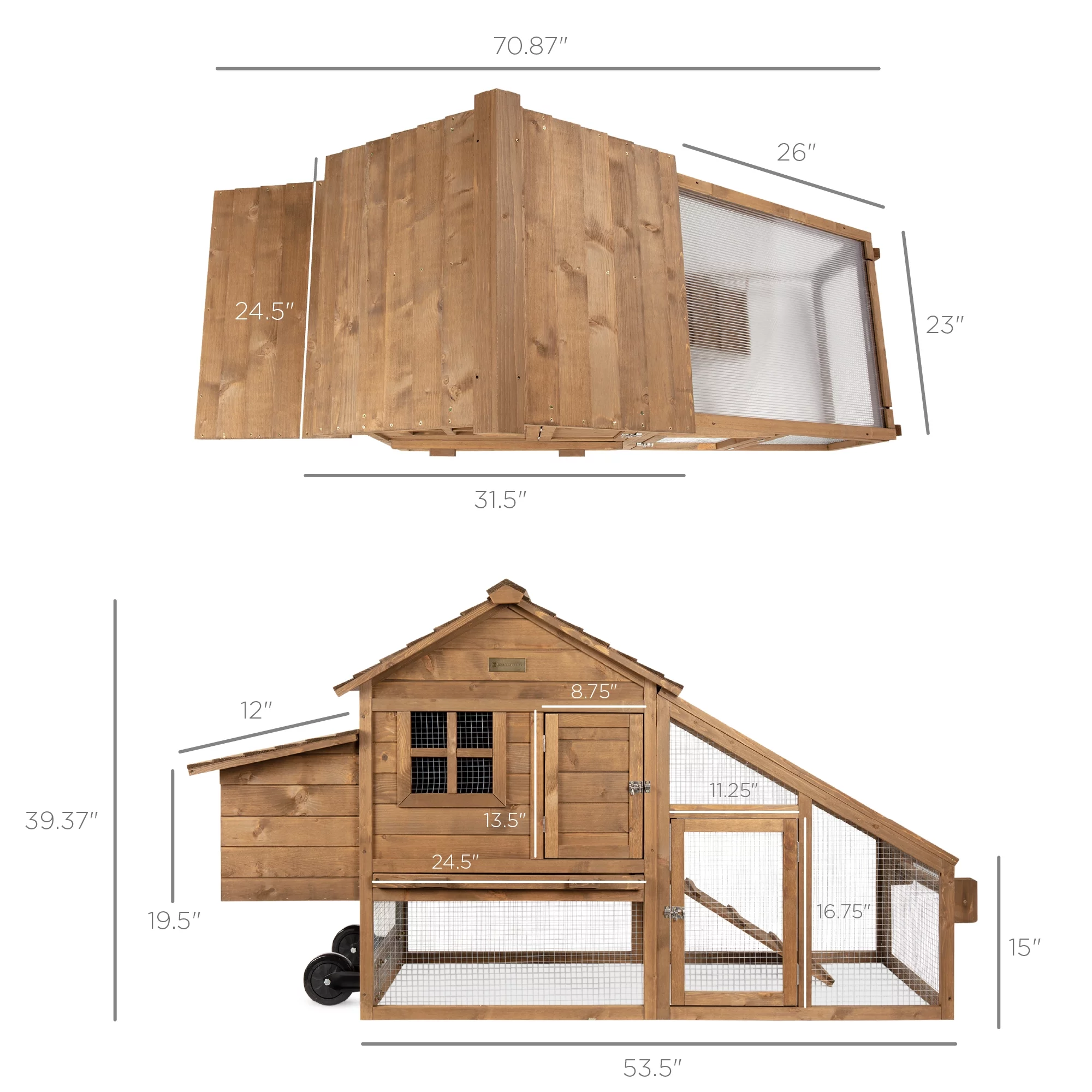 Best Choice Products 70in Mobile Fir Wood Chicken Coop Tractor Hen House w/ Wheels. 2 Doors. Nest Box. Removable Tray