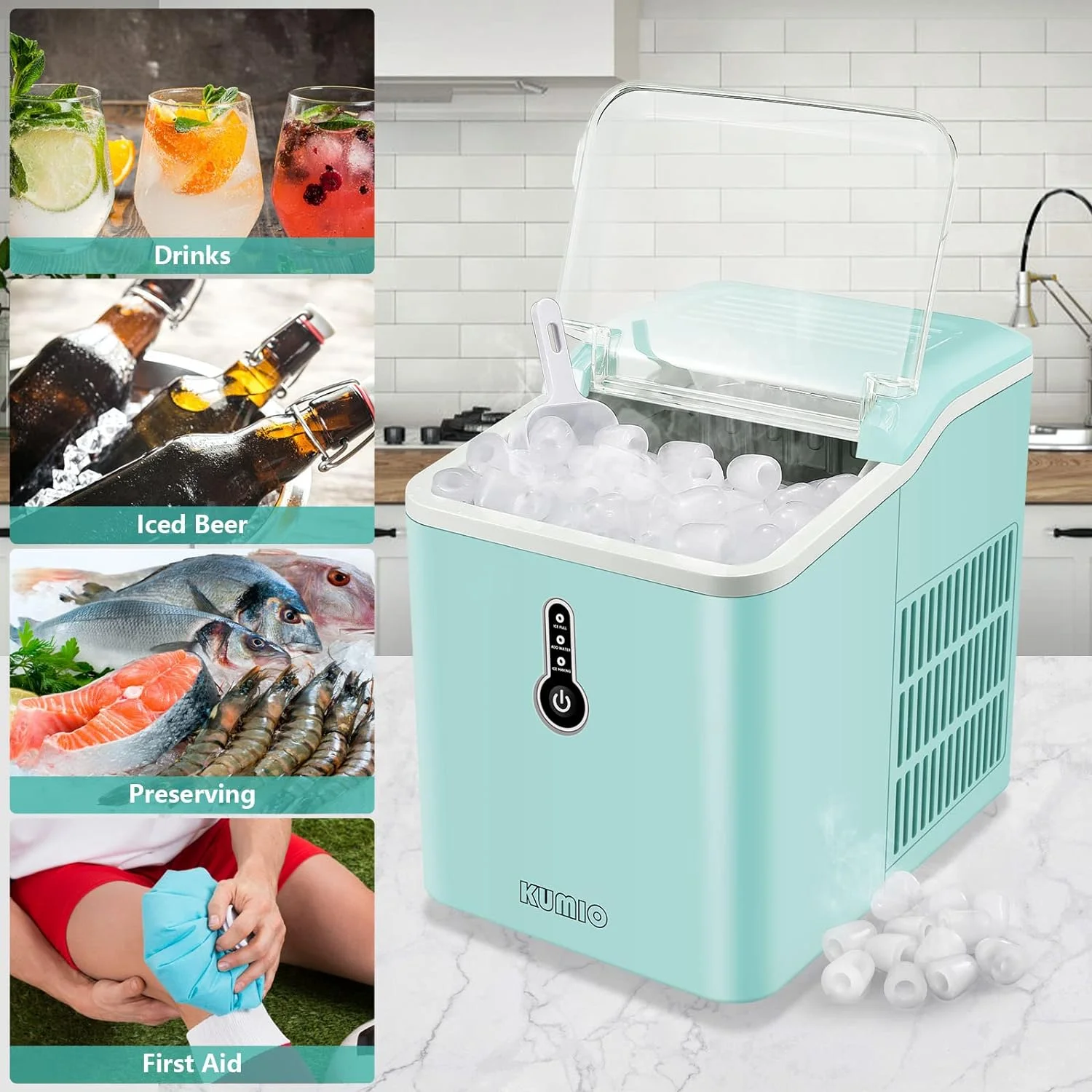 Ice Makers Countertop. 9 Bullet Ice in 6-9 Mins with Ice Scoop and Basket. 26.5 Lbs per Day. Portable Ice Maker for Home Office Camping Party RV. Blue