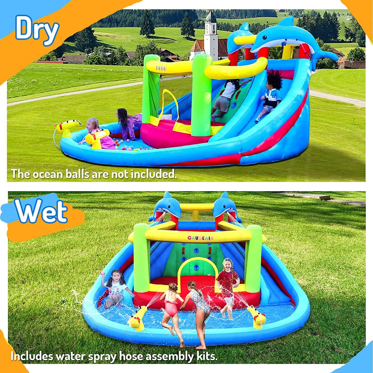 Inflatable Water Slide with Bounce House.Dolphin Styling.Splashing Pool.Double Water Cannon.Climbing Wall.Heavy Duty GFCI Blower.Inflatable Water Park for Kids Backyard Summer