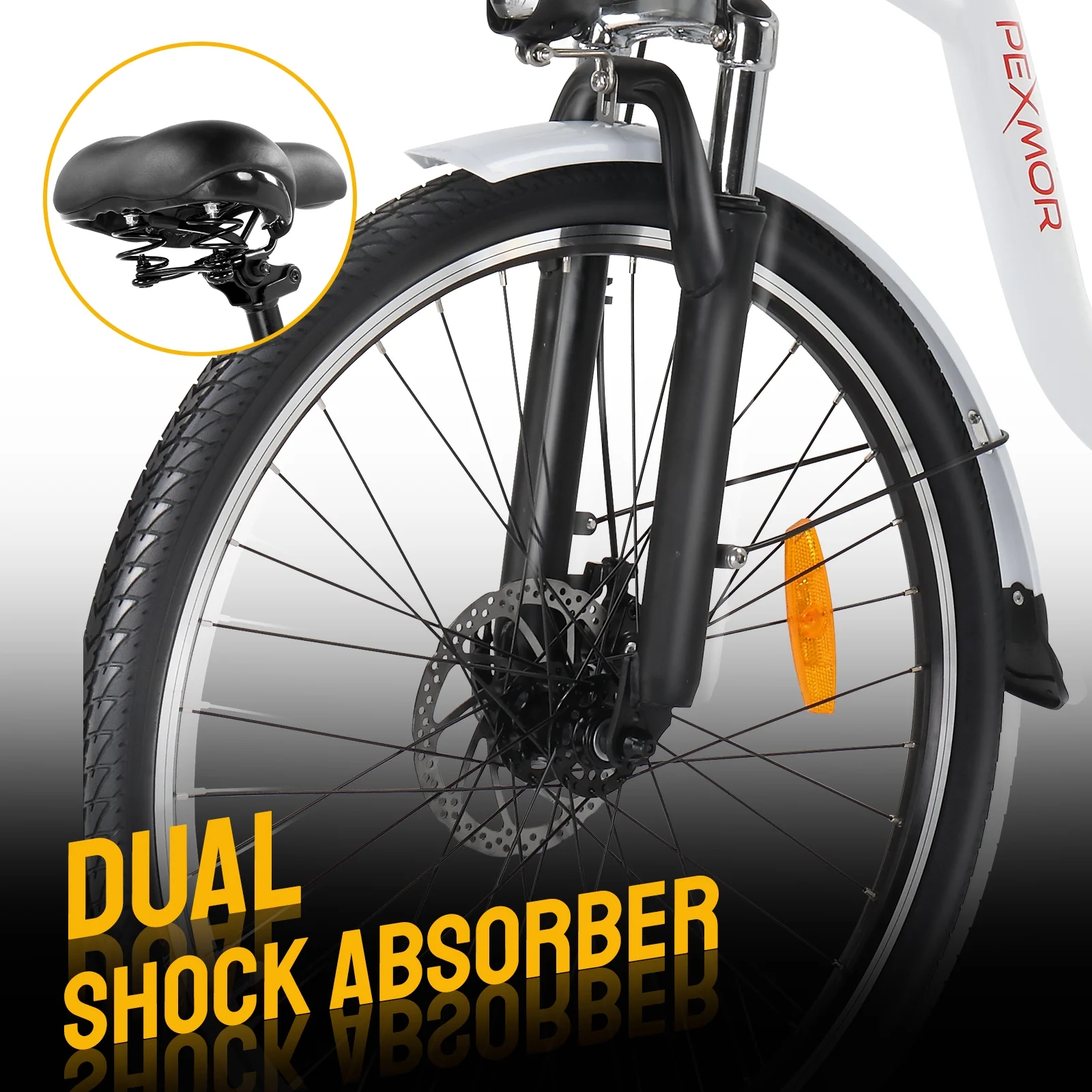 PEXMOR Electric Bike for Adults. 350W (Peak 500W) City Commuter Ebike 36V 12.5AH Removable Battery. 26 Cruiser Electric Bicycle Shimano 6-Speed | Dual Shock Absorber | Basket