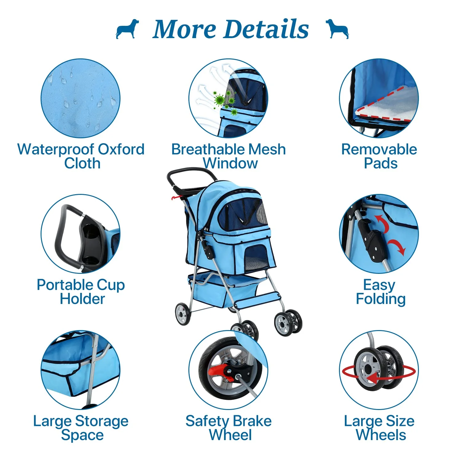 Dkelincs 4 Wheels Pet Stroller Folding Dog Cat Stroller Travel Carrier with Cup Holder & Storage Basket. Blue