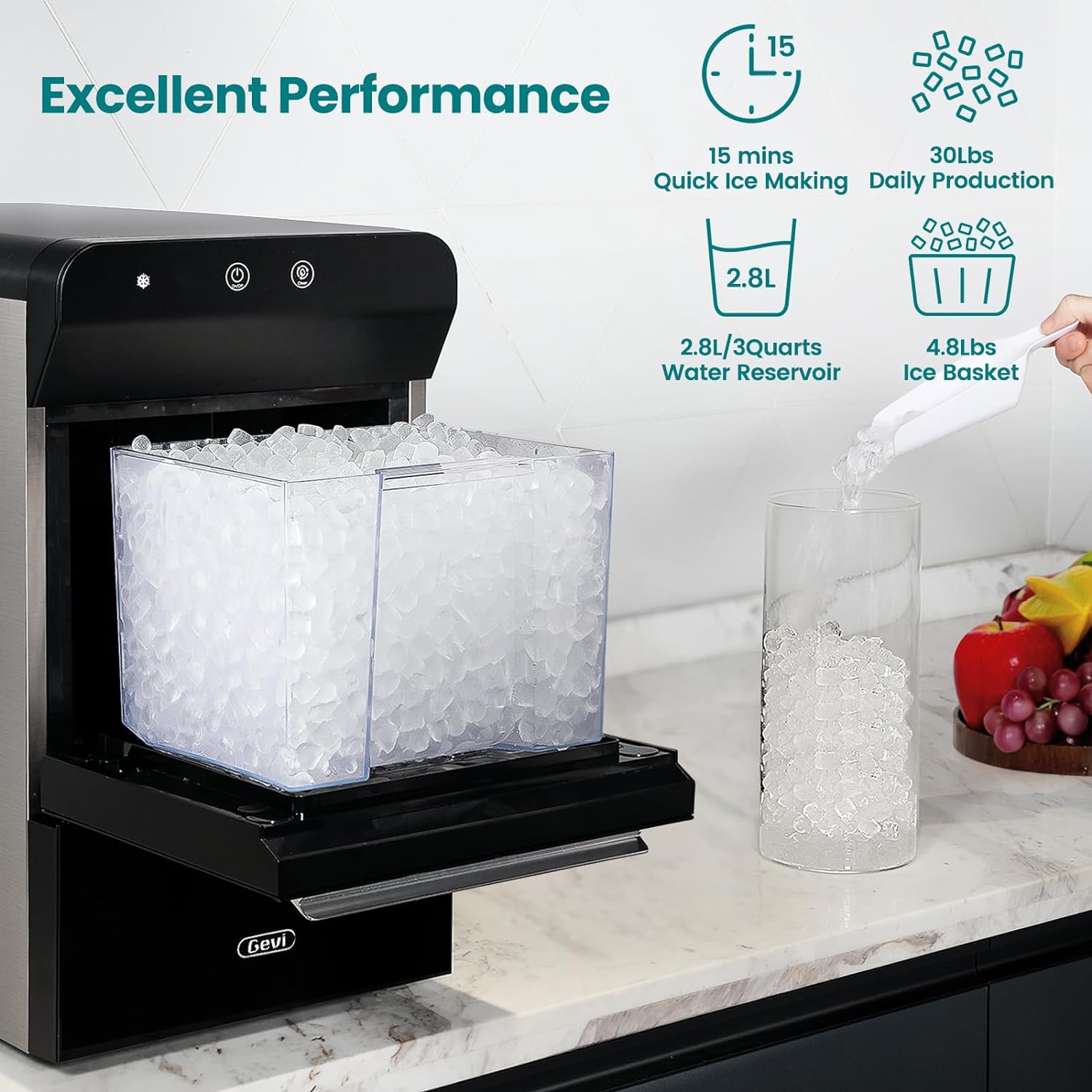 V2.0 Countertop Gemi Nugget Ice Maker | Self-Cleaning Pellet Ice Machine | Open and Pour Water Refill | Stainless Steel Housing | Fit Under Wall Cabinet | White