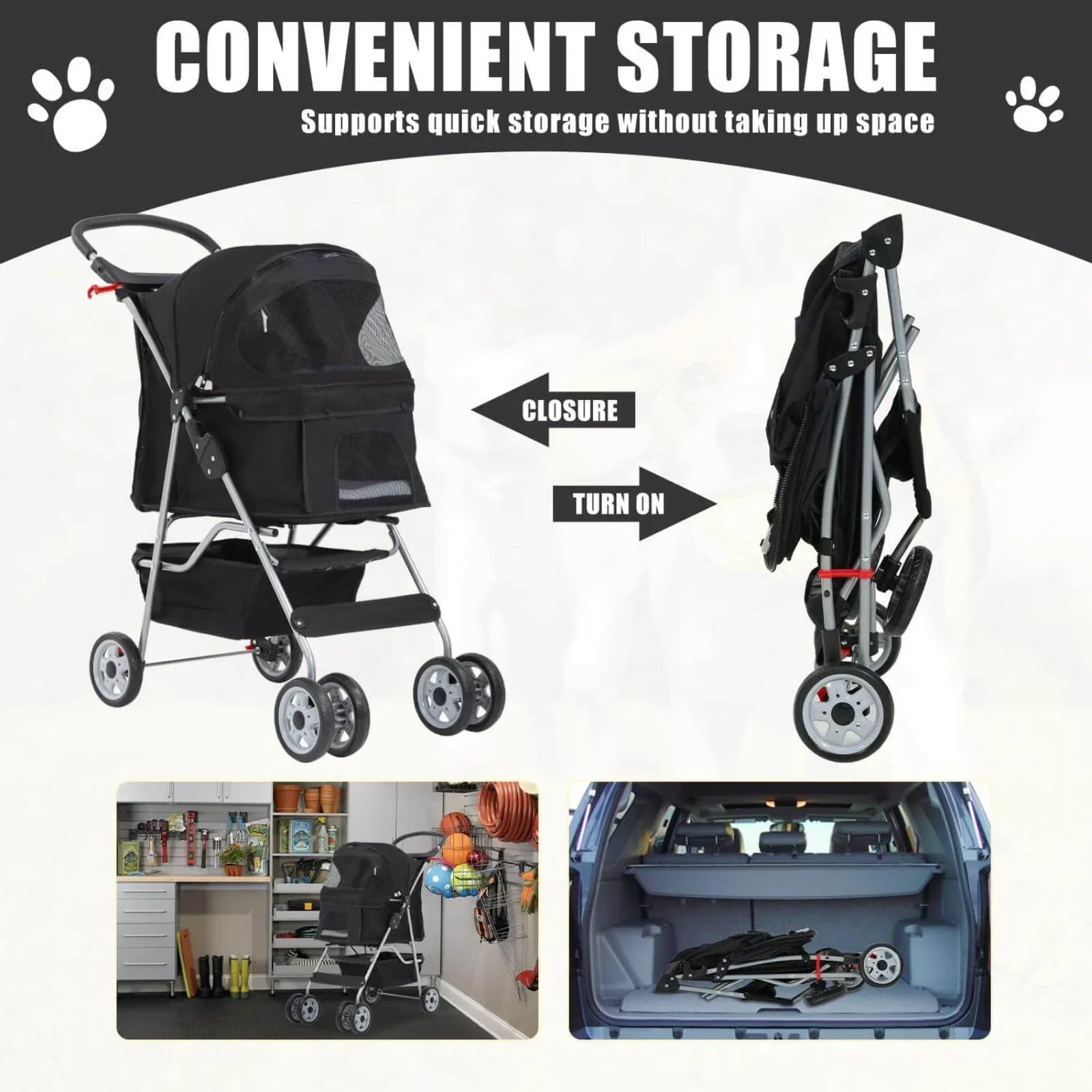 Foldable Dog Stroller Cat Stroller with Storage Basket & Removable Liner. 4 Wheels Pet Stroller .Foldable Carrier Strolling Cart for Dogs Cats. Black