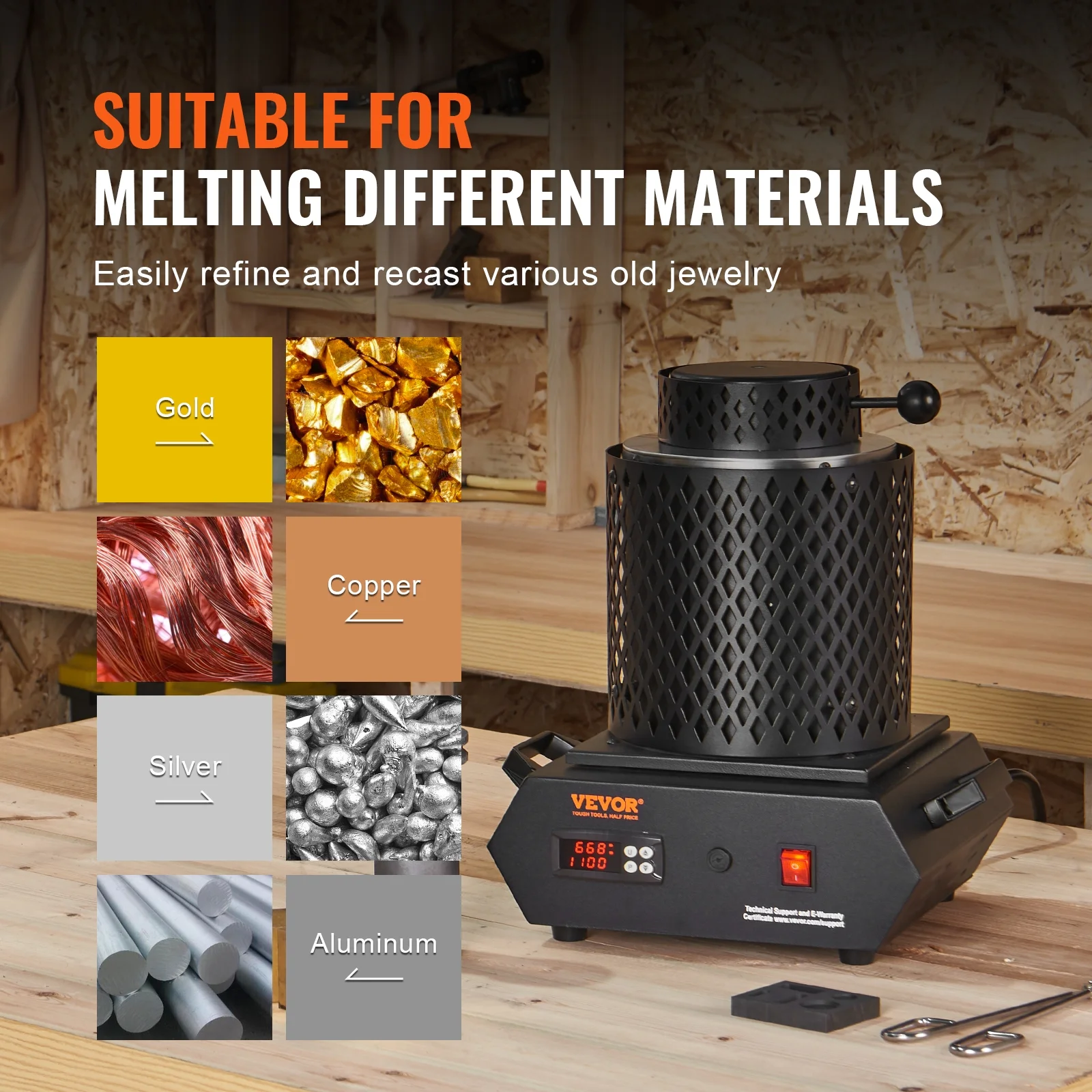 SKYSHALO Gold Melting Furnace. 1+3 KG Electric Digital Smelting Furnace. 1350W 2102�?1150�?Electric Melting Furnace Casting Refining Jewelry Precious Metals Gold Silver Copper Aluminum