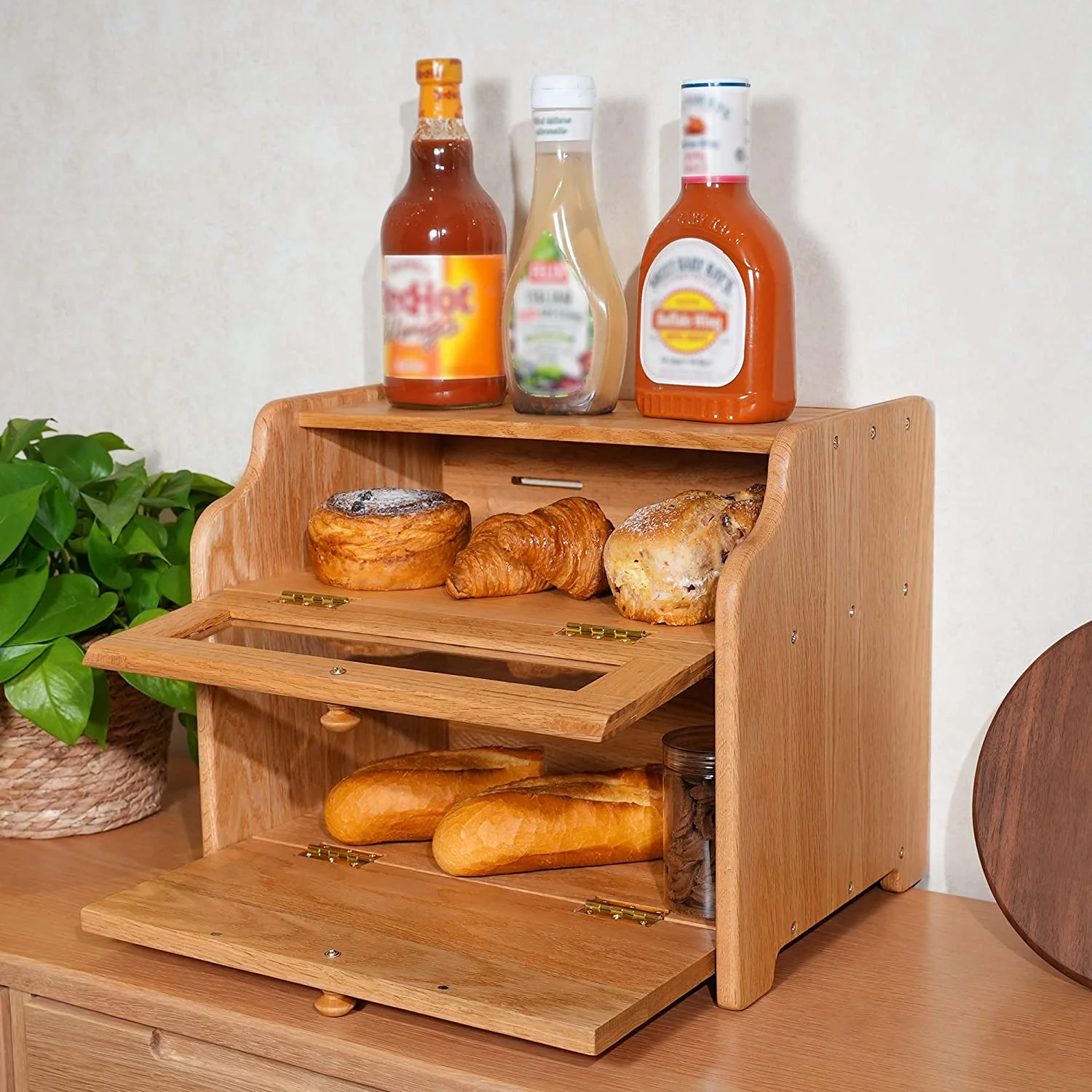 Bread Box. Solid Wood Oak Bread Box for Kitchen Countertop. Double Layer Bread Container for Bread Storage. Large Capacity Breadbox with Clear Window. Nature
