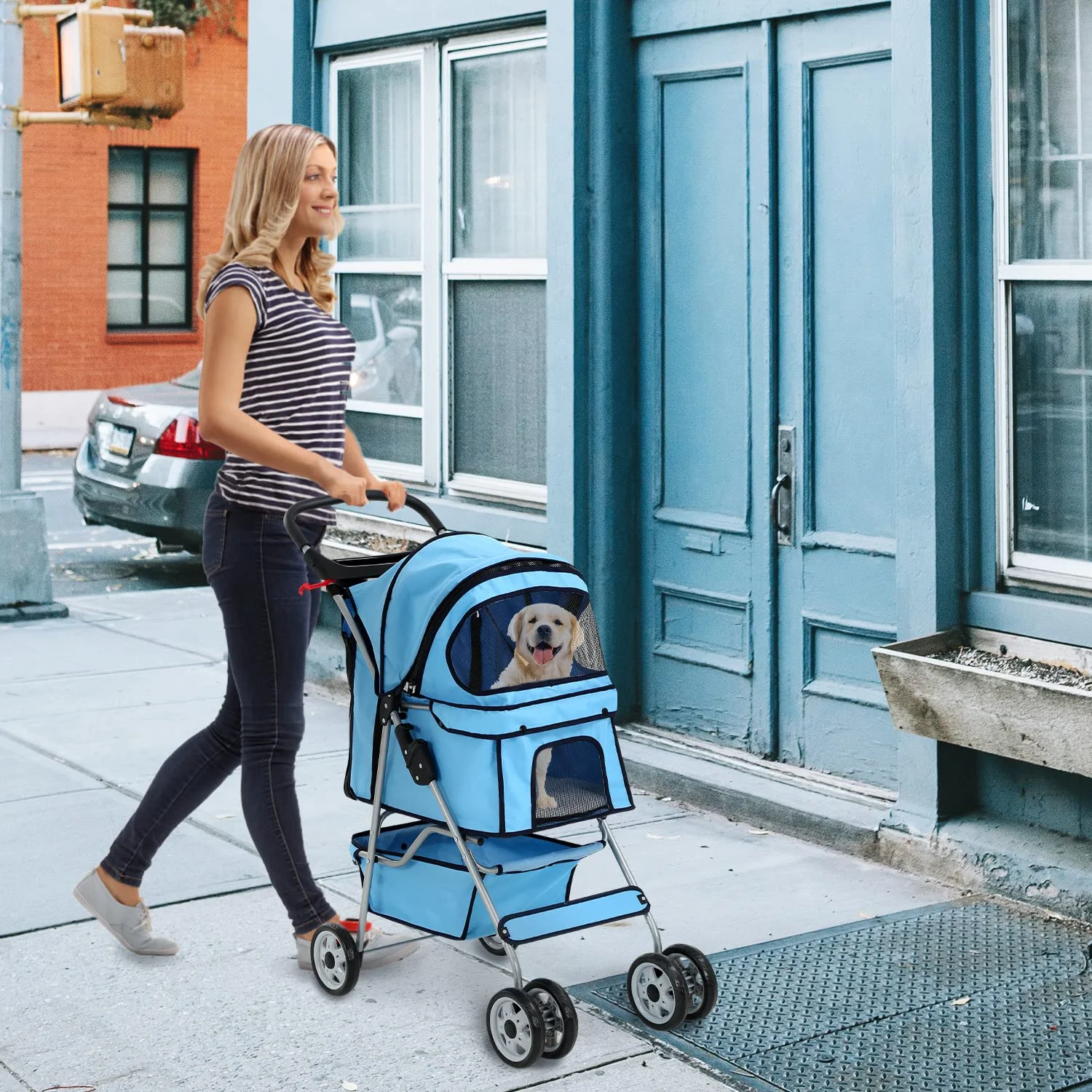 Dkelincs 4 Wheels Pet Stroller Folding Dog Cat Stroller Travel Carrier with Cup Holder & Storage Basket. Blue