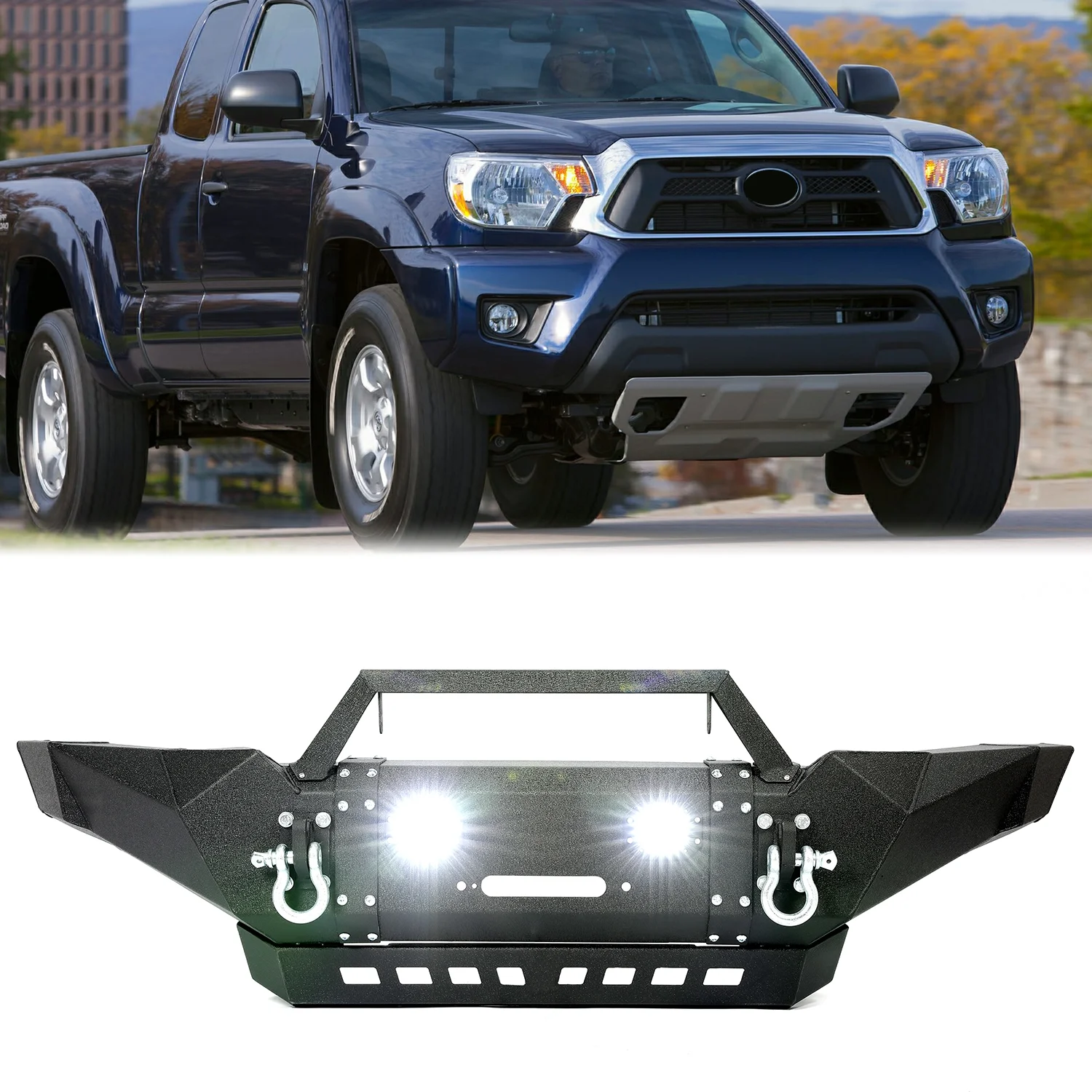 Kojem Front Bumper for 2005-2015 Toyota Tacoma w/ Winch Plate & LED Lights & D-rings 3 Piece Powder Coated