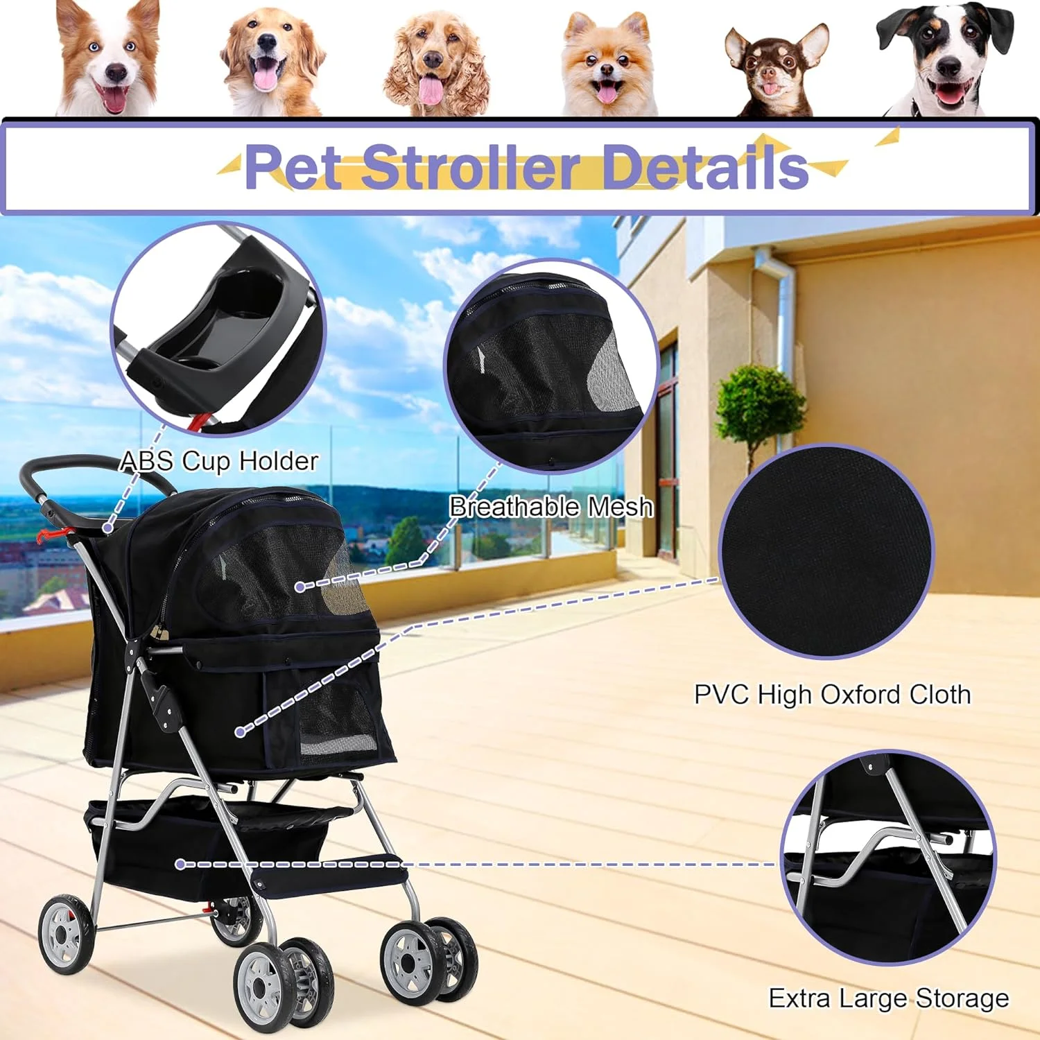 Dog Stroller Folding Pet Stroller 4 Wheels Cat Stroller Foldable Stroller Waterproof Travel Carrier Strolling Cart for Puppy Jogger Stroller W/Cup Holder & Storage Basket. Black