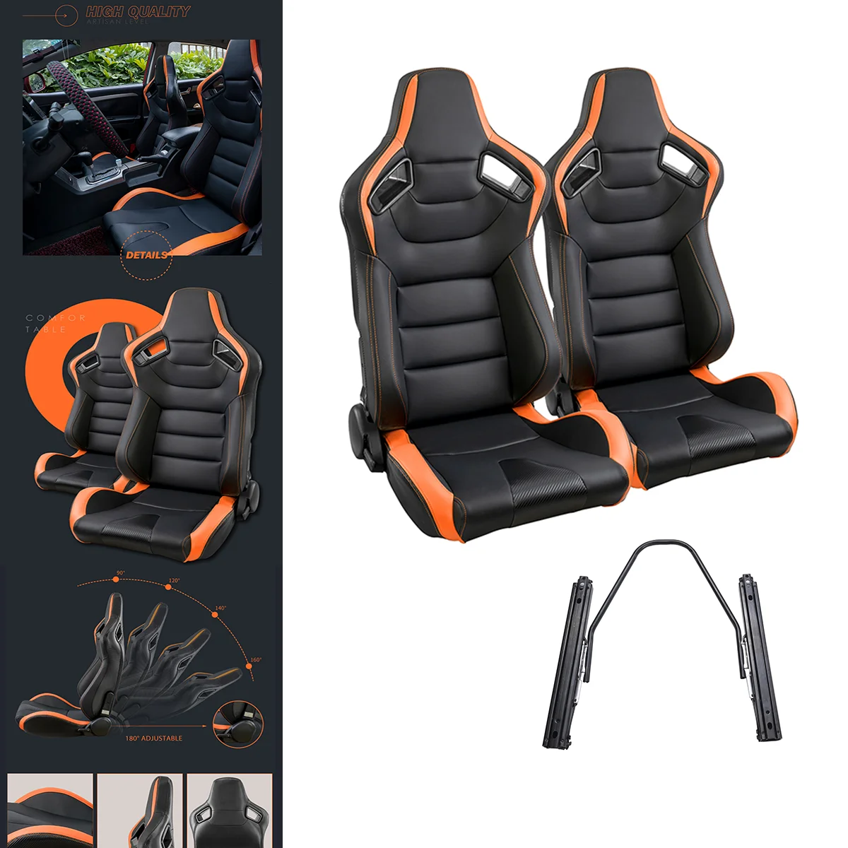 Racing Seats. 2PCS Universal PVC Leather Racing Seats with Dual Lock Sliders. Reclining Design & Front-Back Adjustable Seats (Black&Orange)