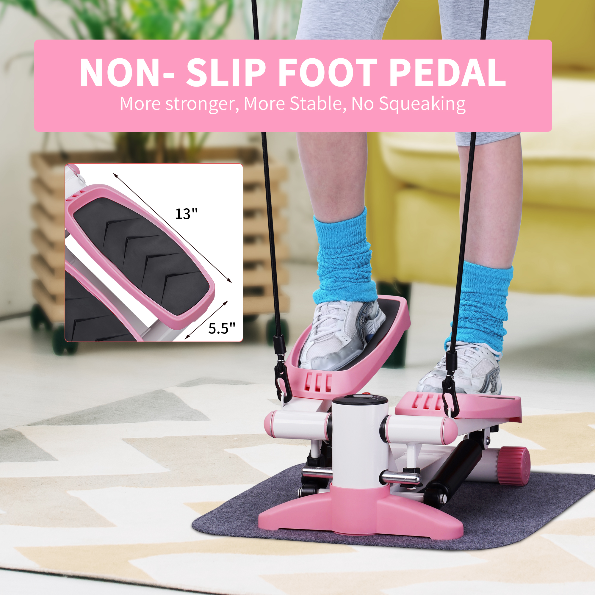 Wesfital Steppers for Exercise + Free Non-slip Mat. Mini Stair Stepper with Resistance Bands(Pink)