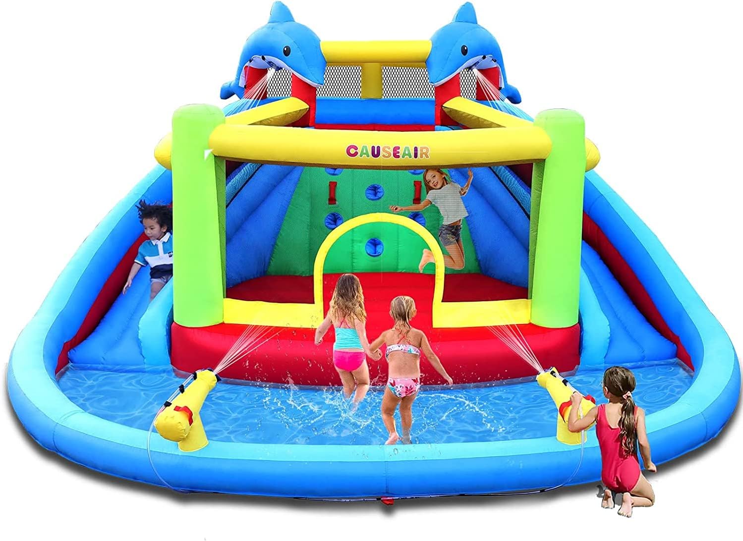 Inflatable Water Slide with Bounce House.Dolphin Styling.Splashing Pool.Double Water Cannon.Climbing Wall.Heavy Duty GFCI Blower.Inflatable Water Park for Kids Backyard Summer