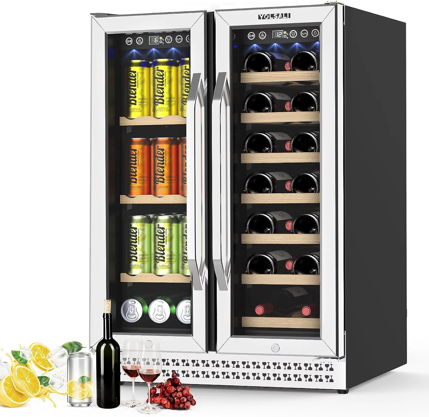 Yolsali 24 Inch Wine Cooler. Beverage Refrigerator. Dual Zone Wine Cooler Refrigerator with 2 Safety Locks. Adjustable Legs. Soft LED Light. Hold 20 Bottles and 57 Cans. Built-In or Freestanding